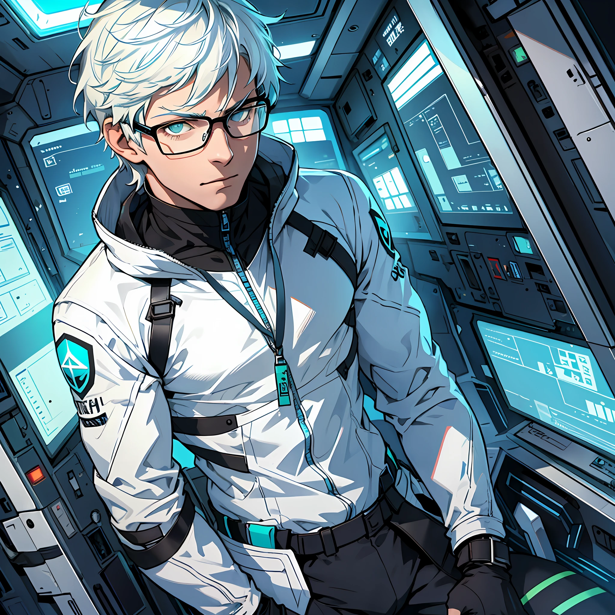 Athletic body boy, white hair, wearing glasses, black clothes with light blue, in a spaceship, light green eyes