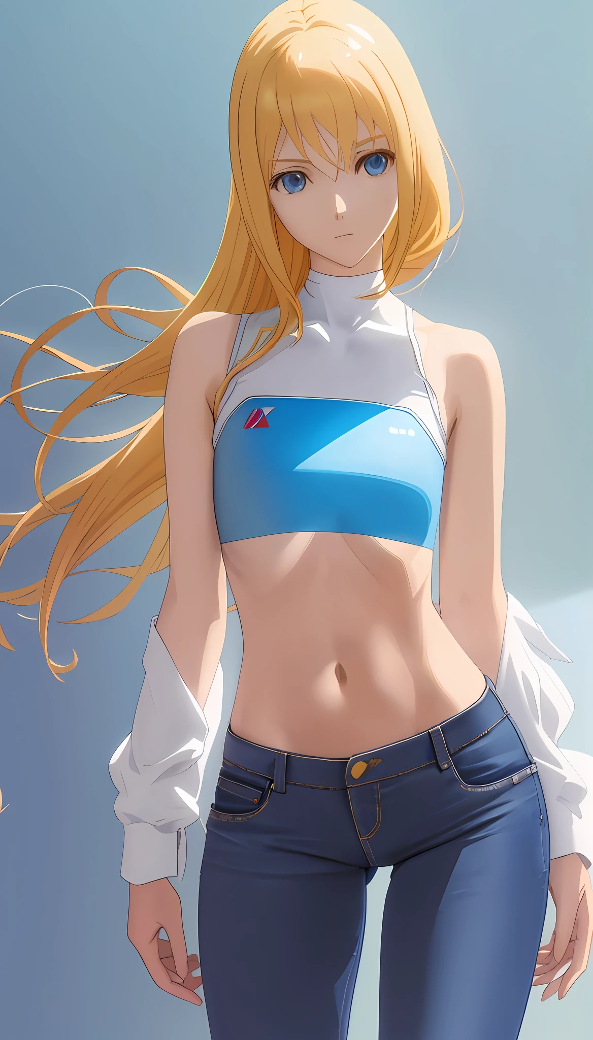 Aravis is a woman with blue and white blouse and blue jeans, realistic anime girl rendering, , exaggerated anime character figure, ((((super breastless flat chest)))) super thin waist giant hips thick legs, Lola rabbit fanart, the character is her natural pose, smooth anime CG art, render a cute 3d anime girl, Yotsuzuki rendering, zero suit Samus, realistic shadows perfect body, sports bra and shirt, 3d anime girl