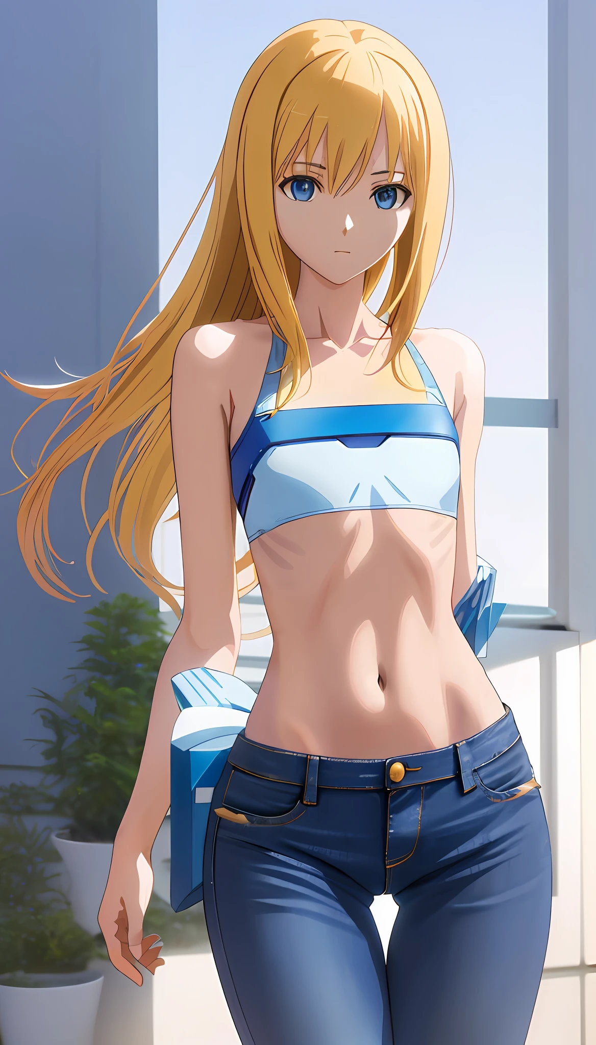 Aravis is a woman with blue and white blouse and blue jeans, realistic anime girl rendering, 11 years old, exaggerated anime character figure, ((((super breastless flat chest)))) super thin waist giant hips thick legs, Lola rabbit fanart, the character is her natural pose, smooth anime CG art, render a cute 3d anime girl, Yotsuzuki rendering, zero suit Samus, realistic shadows perfect body, sports bra and shirt, 3d anime girl