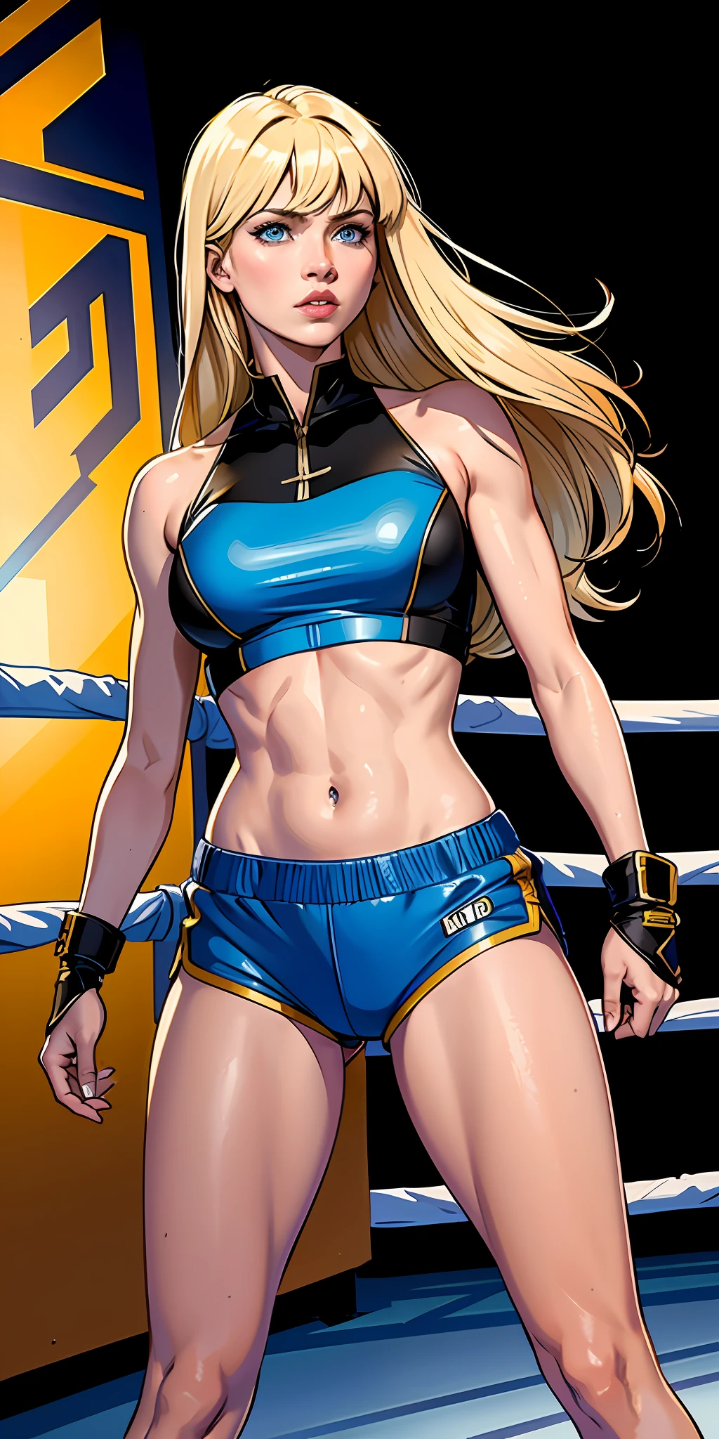 masterpiece, ultra high quality CG, best quality, perfect picture, solo, 1 woman, she is magik (long blond hair whith bangs, blue eyes, strong), combat pose, wearing a sexy boxing outfit, shorts and top, navel to show, shoulders to show, in a fighting stadium, depth of field, highly detailed background, oiled body, perfect lights, HDR, 8K