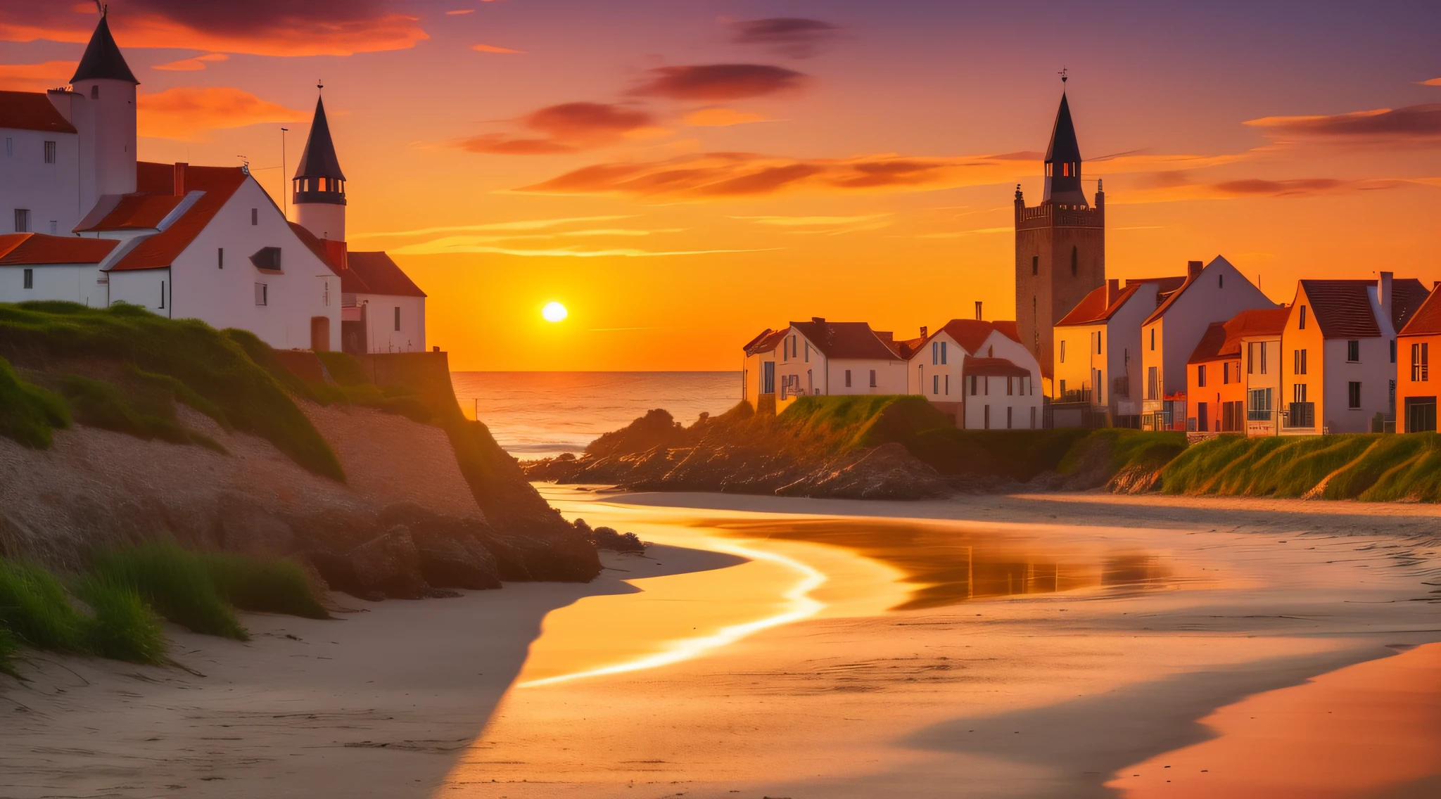Border of a small beach, with a medieval town in the background, in the late afternoon, with orange skies. Realistic image.