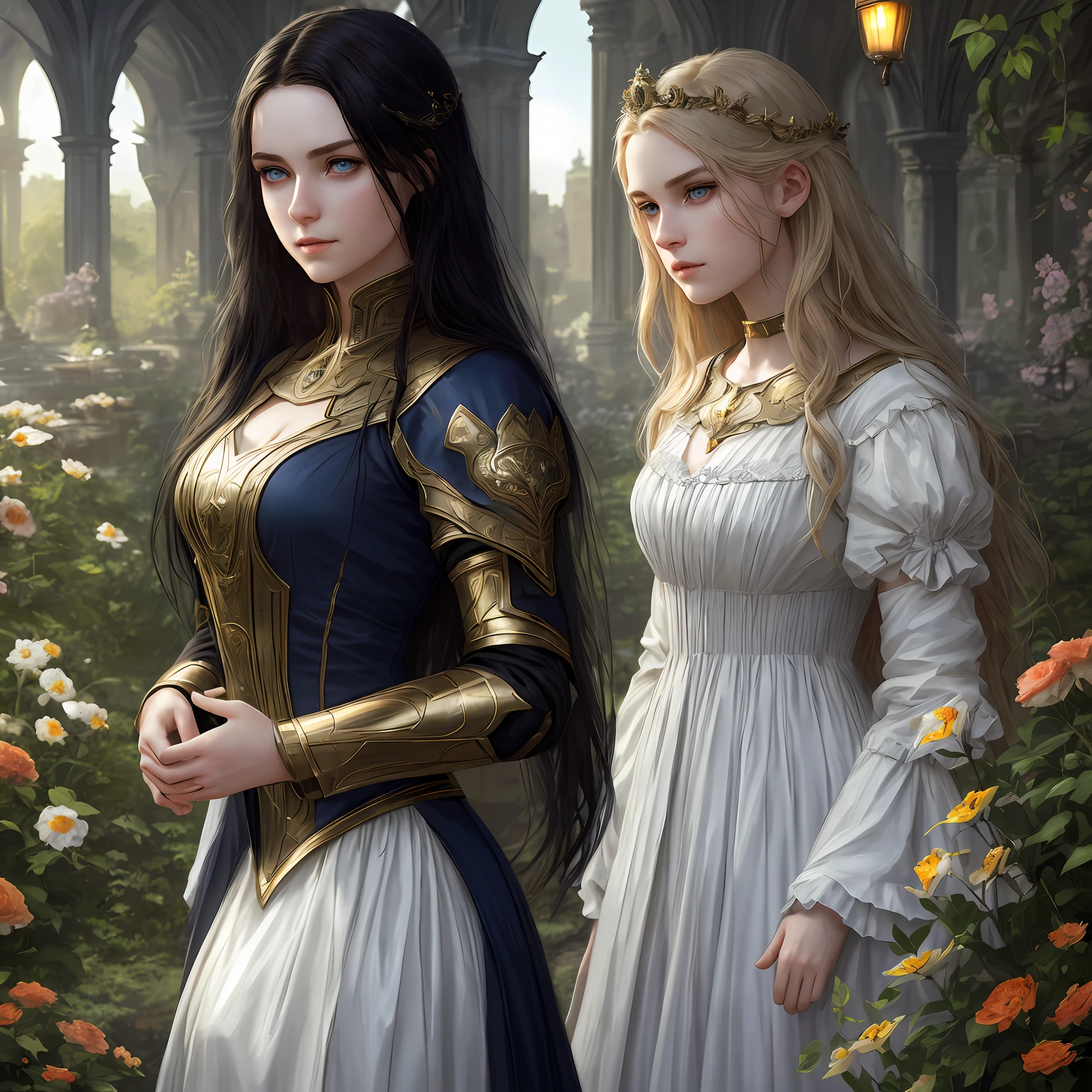 eclipse, Ava Marie and Leah Rose, blue eyes, pale skin, detailed, beautiful, 16 years old, 1 black hair, 1 blond golden hair, medium, straigh and messy hair, detaiiled perfect eyes, delicate symmetric realistic and beautiful face, (sunny garden backgroung), medieval princess lady dress, full body, masterpiece, fine detail, rich colors, dramatic lighting, extremely detailed, cinematic lighting hyperdetailed painting, luminism, Bar lighting, complex, 4k resolution concept art portrait by Greg Rutkowski, Artgerm, WLOP, Alphonse Mucha, little fusion pojatti realistic goth: a stunning realistic photograph