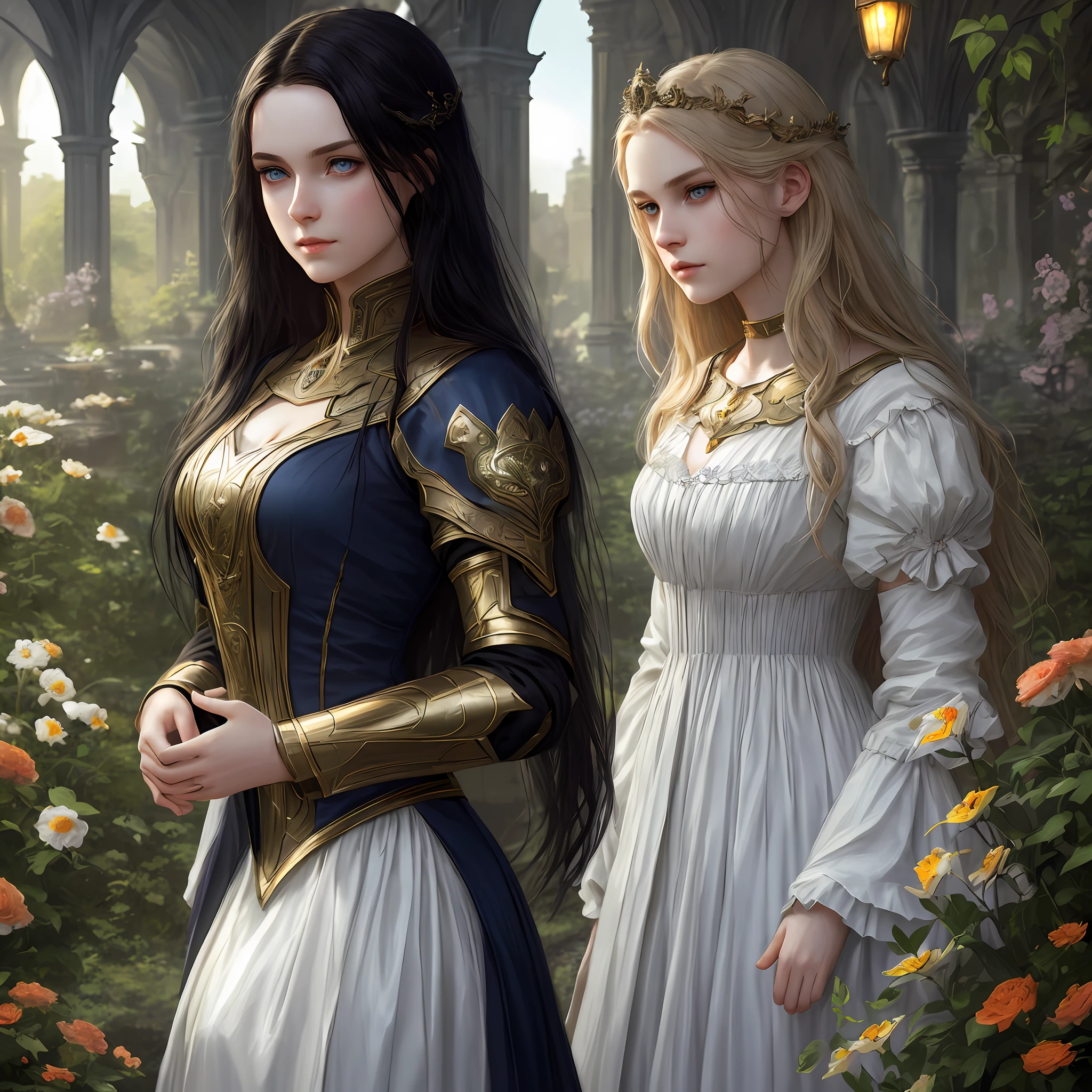 eclipse, Ava Marie and Leah Rose, blue eyes, pale skin, detailed, beautiful, 16 years old, 1 black hair, 1 blond golden hair, medium, straigh and messy hair, detaiiled perfect eyes, delicate symmetric realistic and beautiful face, (sunny garden backgroung), medieval princess lady dress, full body, masterpiece, fine detail, rich colors, dramatic lighting, extremely detailed, cinematic lighting hyperdetailed painting, luminism, Bar lighting, complex, 4k resolution concept art portrait by Greg Rutkowski, Artgerm, WLOP, Alphonse Mucha, little fusion pojatti realistic goth: a stunning realistic photograph