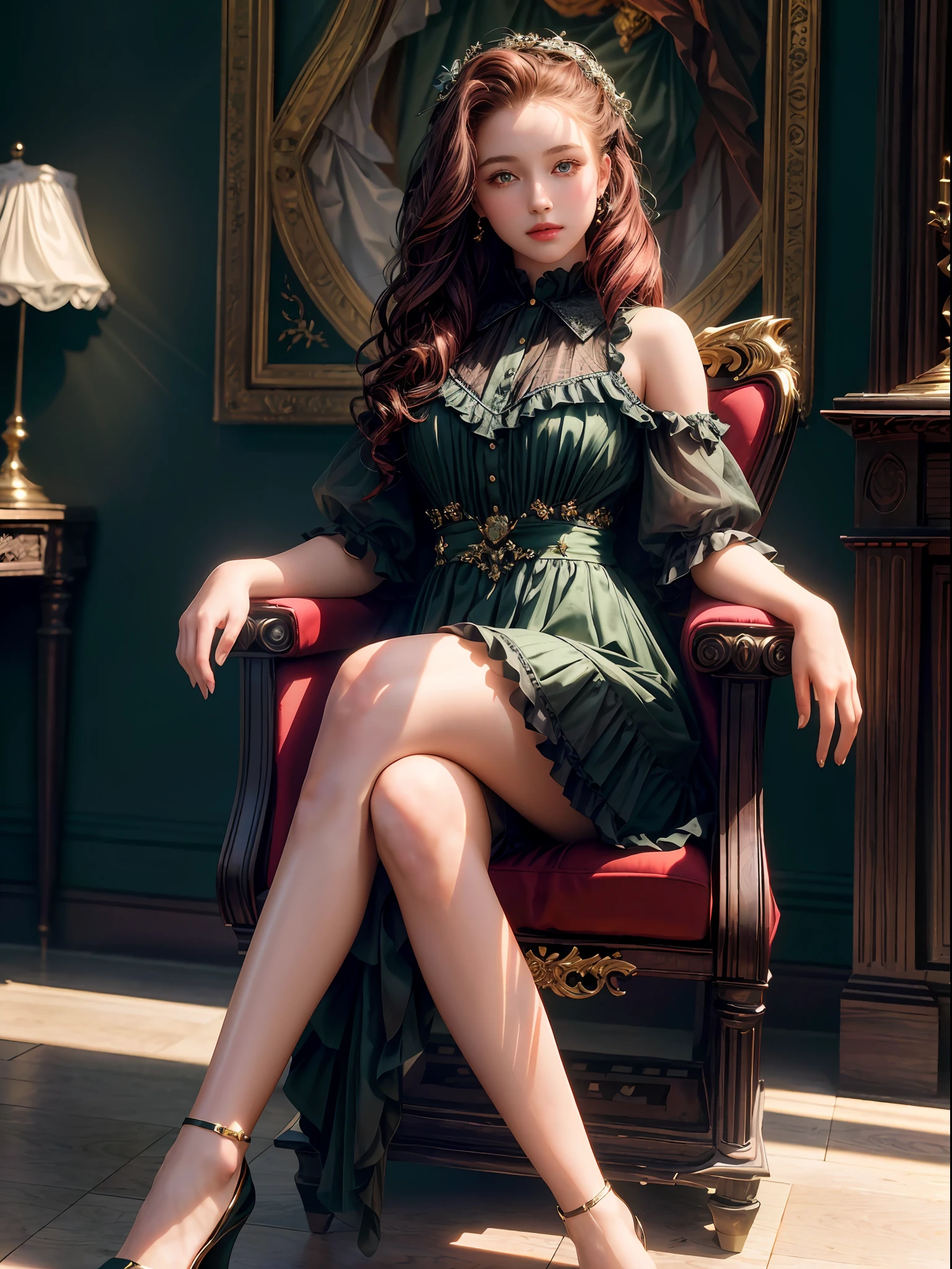 1girl, (masterpiece, best quality:1. 5), shiny skin, sitting on throne, burgundy hair, green eyes, wavy hair, (forehead:0. 8), expressionless, black dress, frills, crossed legs, 8k, UHD, HDR, (Masterpiece:1. 5), (best quality:1. 5), 8k, UHD, HDR, (Masterpiece:1. 5), (best quality:1. 5), 8k, UHD, HDR, (Masterpiece:1. 5), (best quality:1. 5), 8k, UHD, HDR, (Masterpiece:1. 5), (best quality:1. 5)