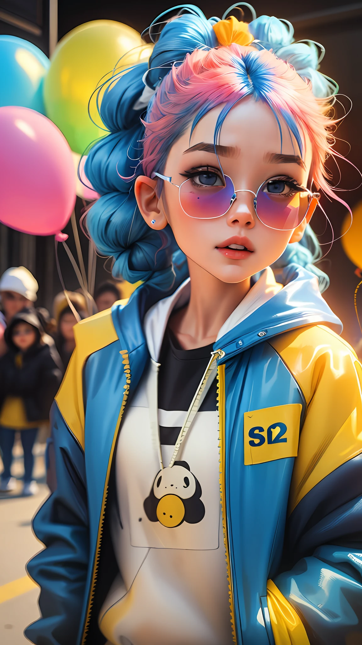 Loli girl, beautiful and cute, wearing blue sunglasses, yellow jacket, white sweatshirt, lots of colorful balloons, baby face, chibi style, red and blue two-color hair, ponytail braided hair, perfect detail eyes, delicate face, perfect CG, HD picture quality, colorful balloons, sky, --auto --s2