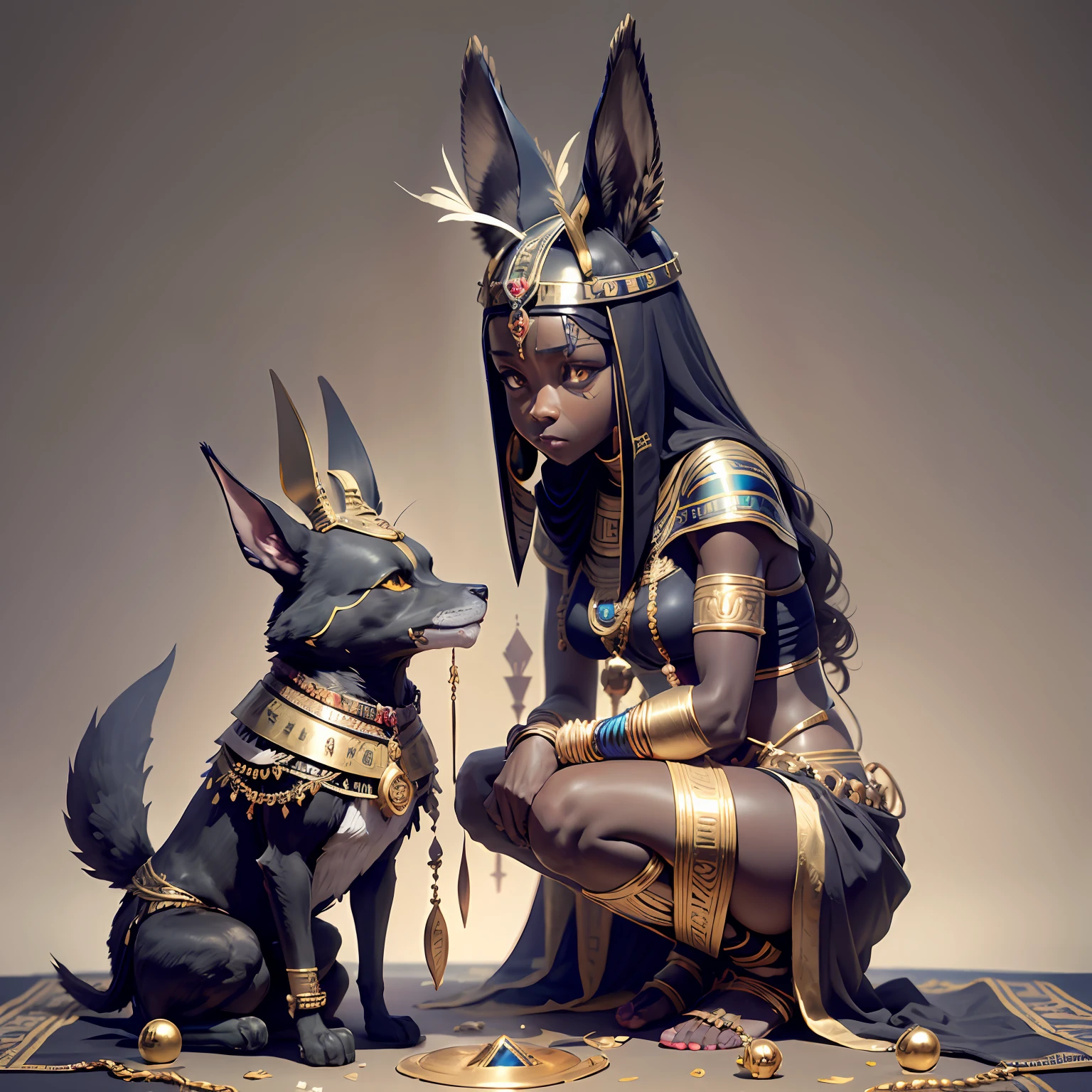 Anubis weighing the feather and heart on the scales looking at a black child dressed as a pharao sitting half sideways looking at him in awe, as if she had died and the god anubis himself was surprised that a child was in the final judgment --auto --s2