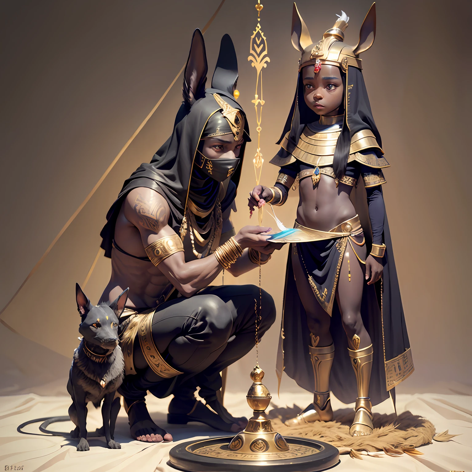 Anubis weighing the feather and heart on the scales looking at a black child dressed as a pharao sitting half sideways looking at him in awe, as if she had died and the god anubis himself was surprised that a child was in the final judgment --auto --s2