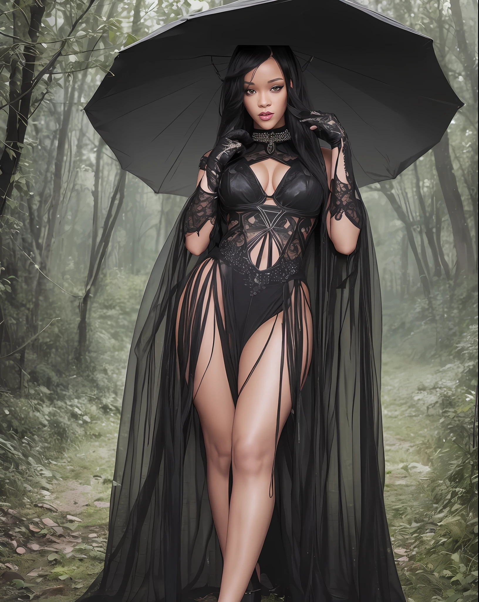 Features Rihanna she is wearing a long black dress of light fabric with side blindfold and long neckline, she has long black hair, black eyes with eyeliner, sensual, provocative, her body and face is wet, thick legs, red mouth, large voluminous and pointed breasts, posing for the camera, standing on the dirt floor in a dark and gloomy forest, dark and cloudy night, swamp, black gloves, photo with best quality, a masterpiece, sensuality and elegance, HD, photography taken by Sony R7 camera with 50mm Full frame lenses, f1.2 aperture, film style