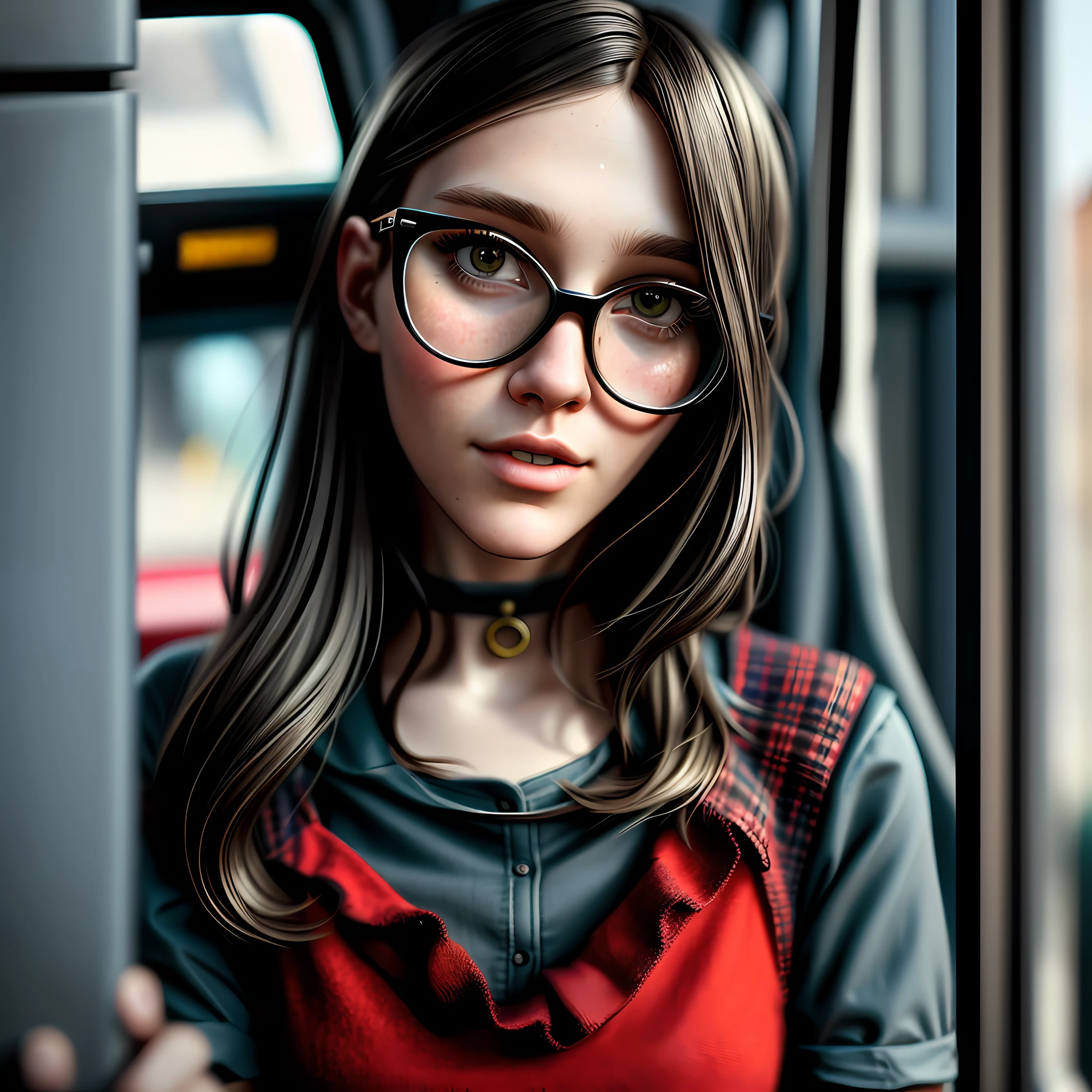 Hipster woman, hipster occulus, hipster dress, hipster style, urban setting, hipster clothes, ultra detailed, photo realistic, extremely realistic, 8k, detailed to the extreme, very detailed scenery, black shirt with small red details, 4k, ultra detailed skin
