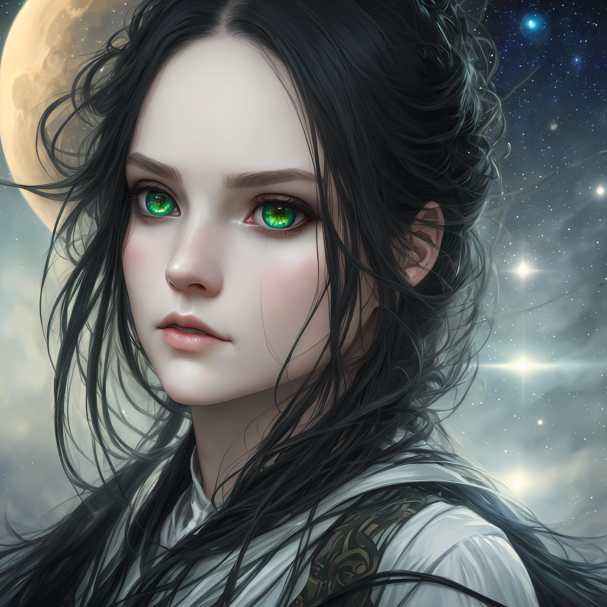 close up of the pale face of a beatiful girls, inside her green eyes you can see the reflection of an eclipse, dark blue sky full of stars background, masterpiece, fine detail, rich colors, dramatic lighting, extremely detailed, cinematic lighting hyperdetailed painting, luminism, absurdres, Bar lighting, complex, 4k resolution concept art portrait by Greg Rutkowski, Artgerm, WLOP, Alphonse Mucha, little fusion pojatti realistic goth: a stunning realistic photograph