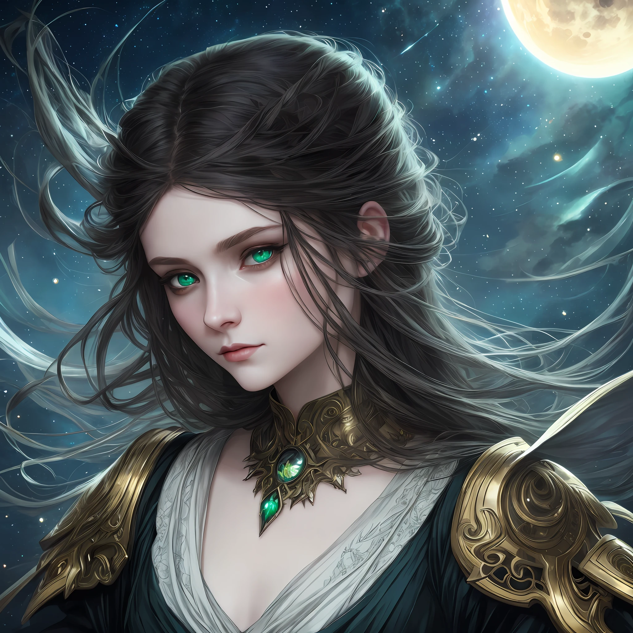 close up of the pale face of a beatiful girls, inside her green eyes you can see the reflection of an eclipse, dark blue sky full of stars background, masterpiece, fine detail, rich colors, dramatic lighting, extremely detailed, cinematic lighting hyperdetailed painting, luminism, absurdres, Bar lighting, complex, 4k resolution concept art portrait by Greg Rutkowski, Artgerm, WLOP, Alphonse Mucha, little fusion pojatti realistic goth: a stunning realistic photograph