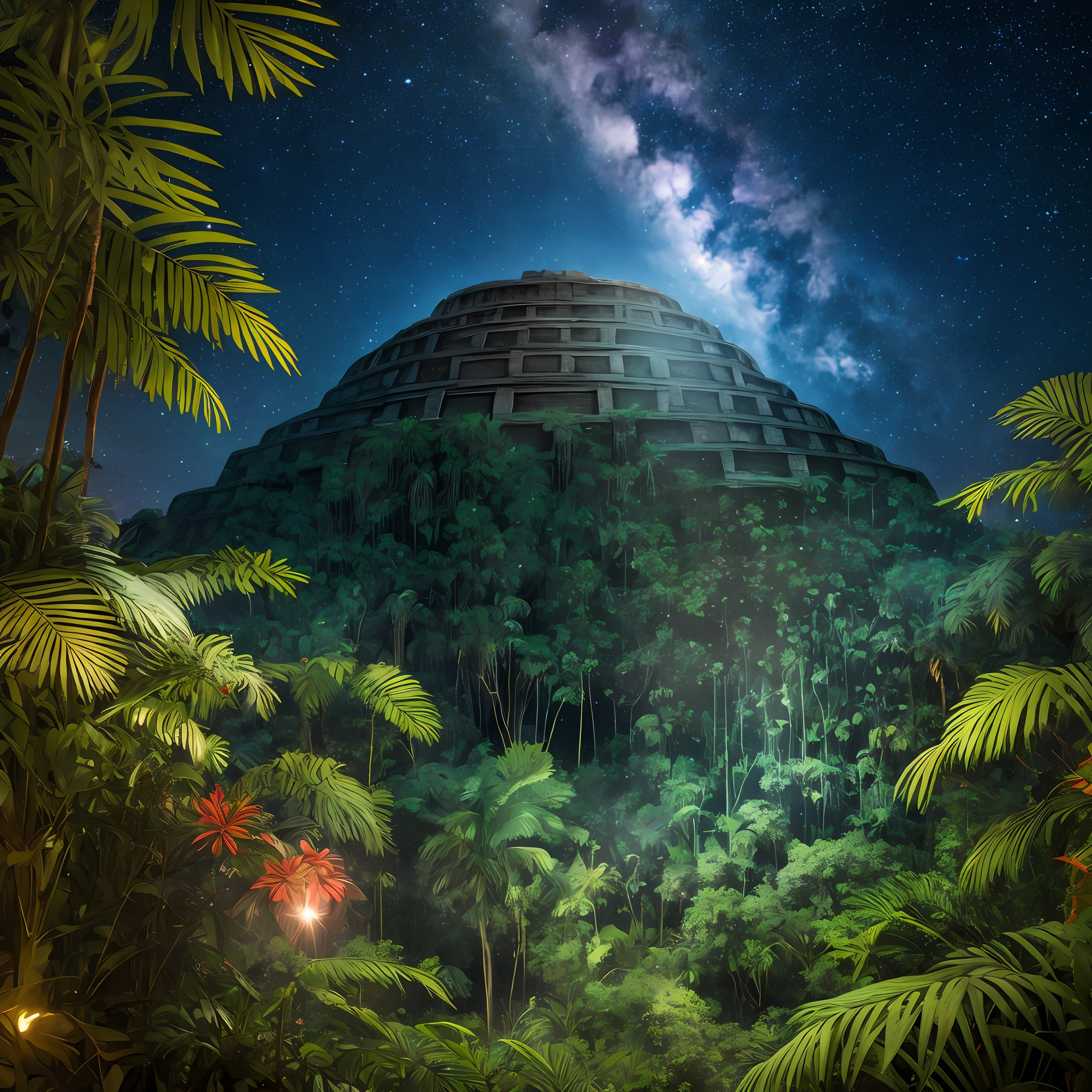 Imagine you are an ancient Mayan living in the jungle. One night, you witness a bright light streak across the sky and crash land in the nearby hills. Curiosity gets the better of you, and you set out to investigate the mysterious object. As you get closer, you realize it’s not from this world. How does this encounter with the UFO change your perspective on life and the universe? Create an art piece that captures the awe and wonder of this encounter and brings together the ancient Mayan culture and the futuristic world of extraterrestrial technology.