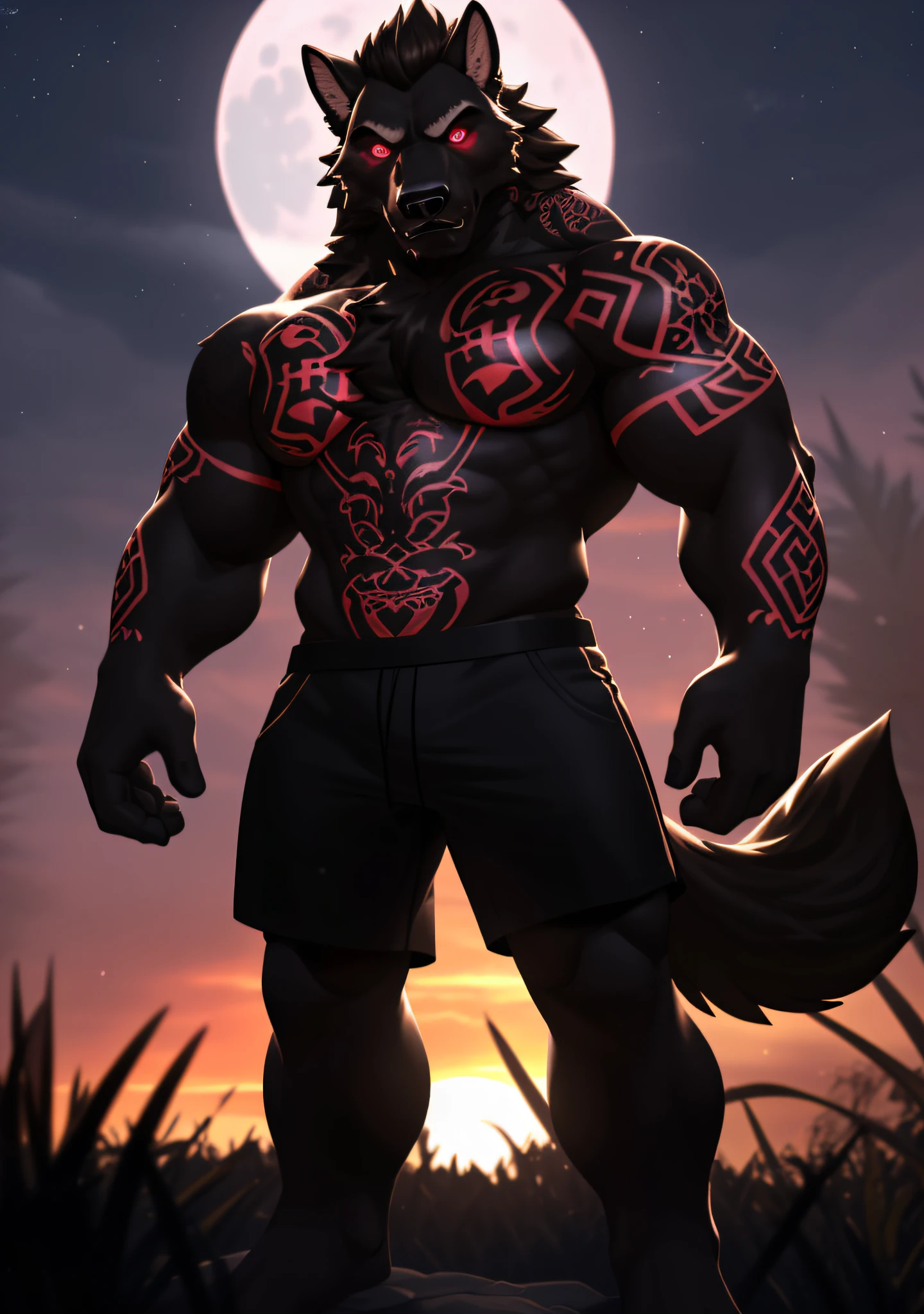 male alpha wolf in garden, black skin, ((chest tattoo, red tattoo, waning moon tattoo on chest,)) ((heterochromia, blue left eye, red right eye)) dreamy background, kindness, ((serious, frightening expression)), unlimited light, magnificent sunset background, octane render, beautiful features, beautifully detailed eyes, intricate skin, detailed face, perfect skin texture, extreme details, full body vision, cinematic lighting, professional lighting, centered, looking at camera, 8k, shooting with Hasselblad X1D-50, 3d shader, maximum focus, depth of field, perfect lighting, light particles, (best quality), (masterpiece), (ultra detailed), sharp focus, light particles, standing, black shorts, standing, detailed legs, detailed paws,