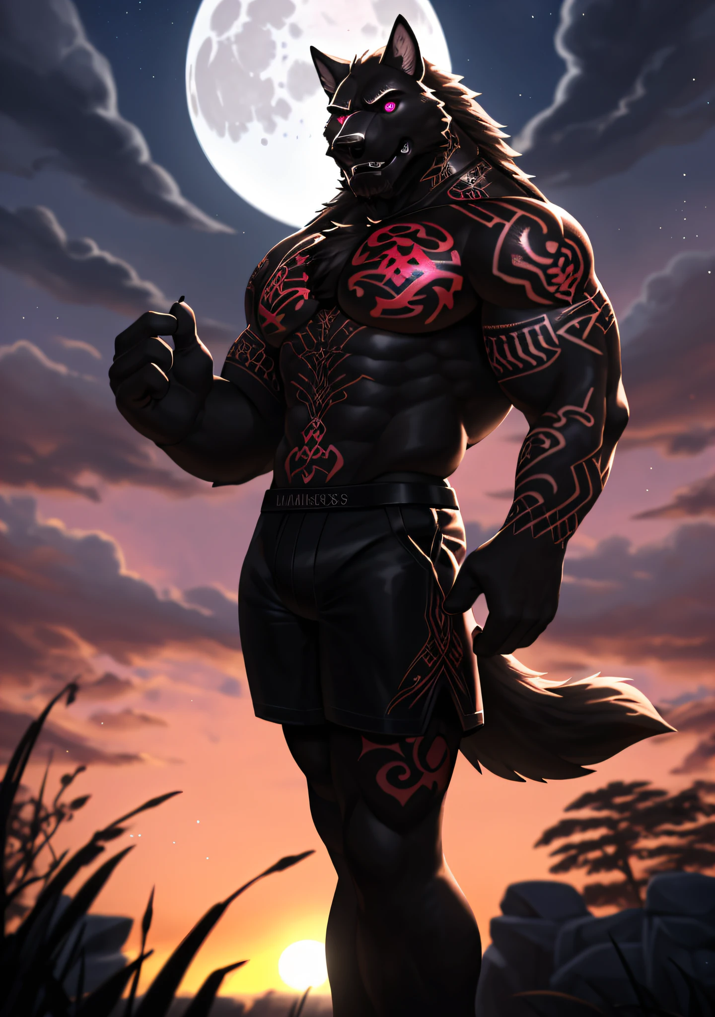 male alpha wolf in garden, black skin, ((chest tattoo, red tattoo, waning moon tattoo on chest,)) ((heterochromia, blue left eye, red right eye)) dreamy background, kindness, ((serious, frightening expression)), unlimited light, magnificent sunset background, octane render, beautiful features, beautifully detailed eyes, intricate skin, detailed face, perfect skin texture, extreme details, full body vision, cinematic lighting, professional lighting, centered, looking at camera, 8k, shooting with Hasselblad X1D-50, 3d shader, maximum focus, depth of field, perfect lighting, light particles, (best quality), (masterpiece), (ultra detailed), sharp focus, light particles, standing, black shorts, standing, detailed legs, detailed paws,