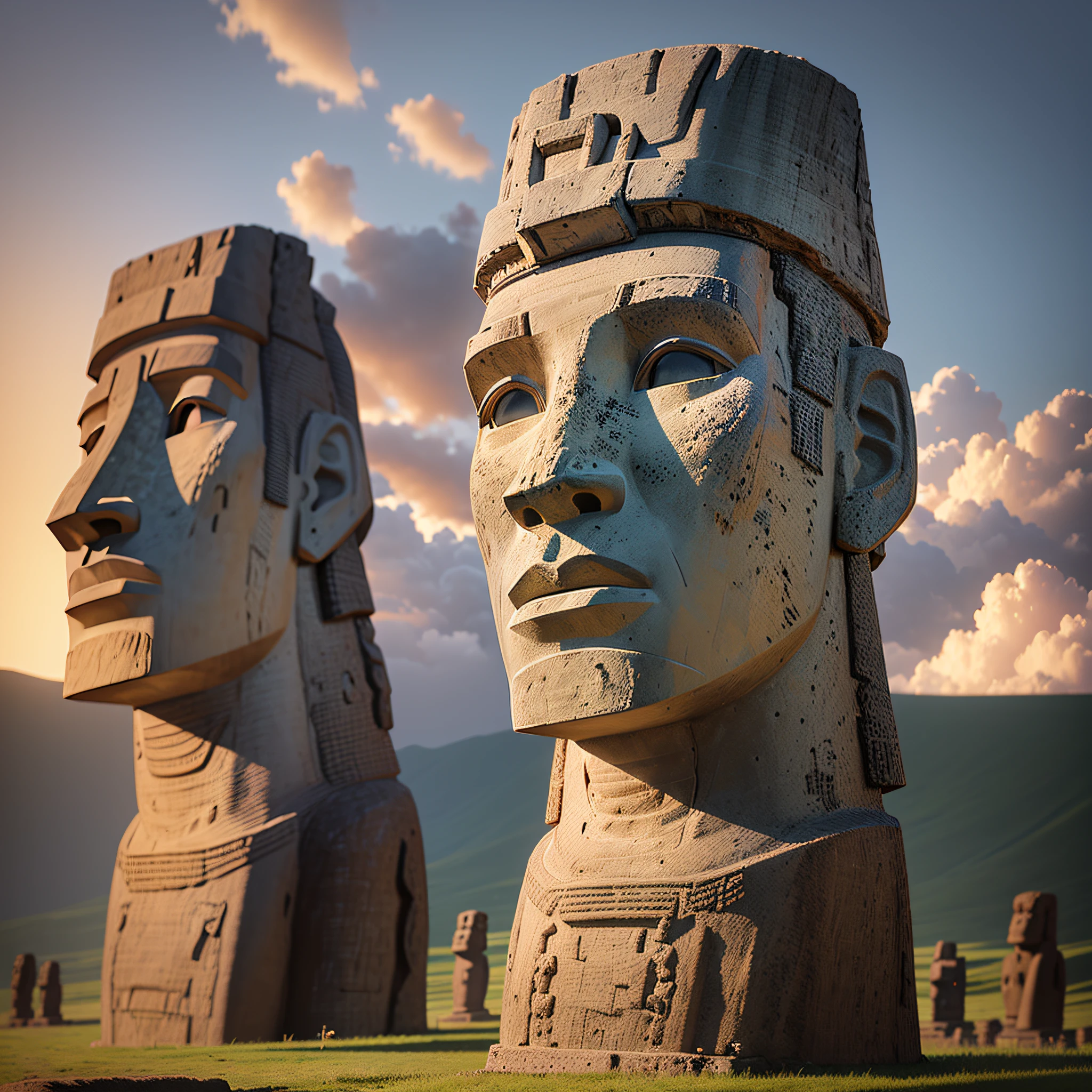 (masterpiece) of the best quality, ultra-detailed, ultra-realistic,(Easter Island Moais Statues: 1.3), dynamic angle, high-resolution display, realistic lighting and shadows, breathtaking. --auto --s2
