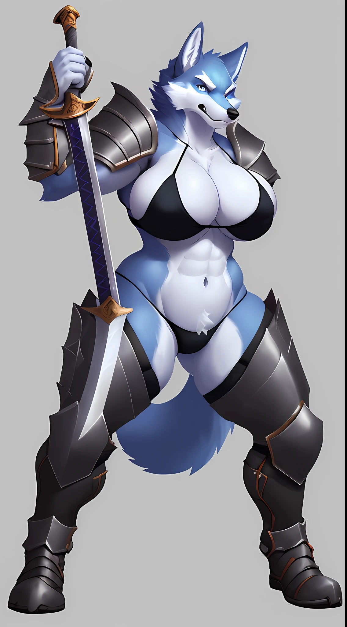 (blue fox), anthro, blue fur, blue, ((small bikini)), black, (underboob, under boob, cleavage), (wearing armor leggings), cleavage overflow, bra spillage, high detail, high resolution, raw photo, gray background, 1girl, solo, (huge massive breasts), high quality, hi res, sharp, detailed body, detailed, cartoony, ((looking at viewer)), angry, mad, muffin top, whole body, ((full body portrait)), far away, (((full body concept))), attack pose, battle pose, sword pose, ((holding sword)), Medieval, rpg, ((nipple outline)), (erect nipple), huge nipple, thick thighs