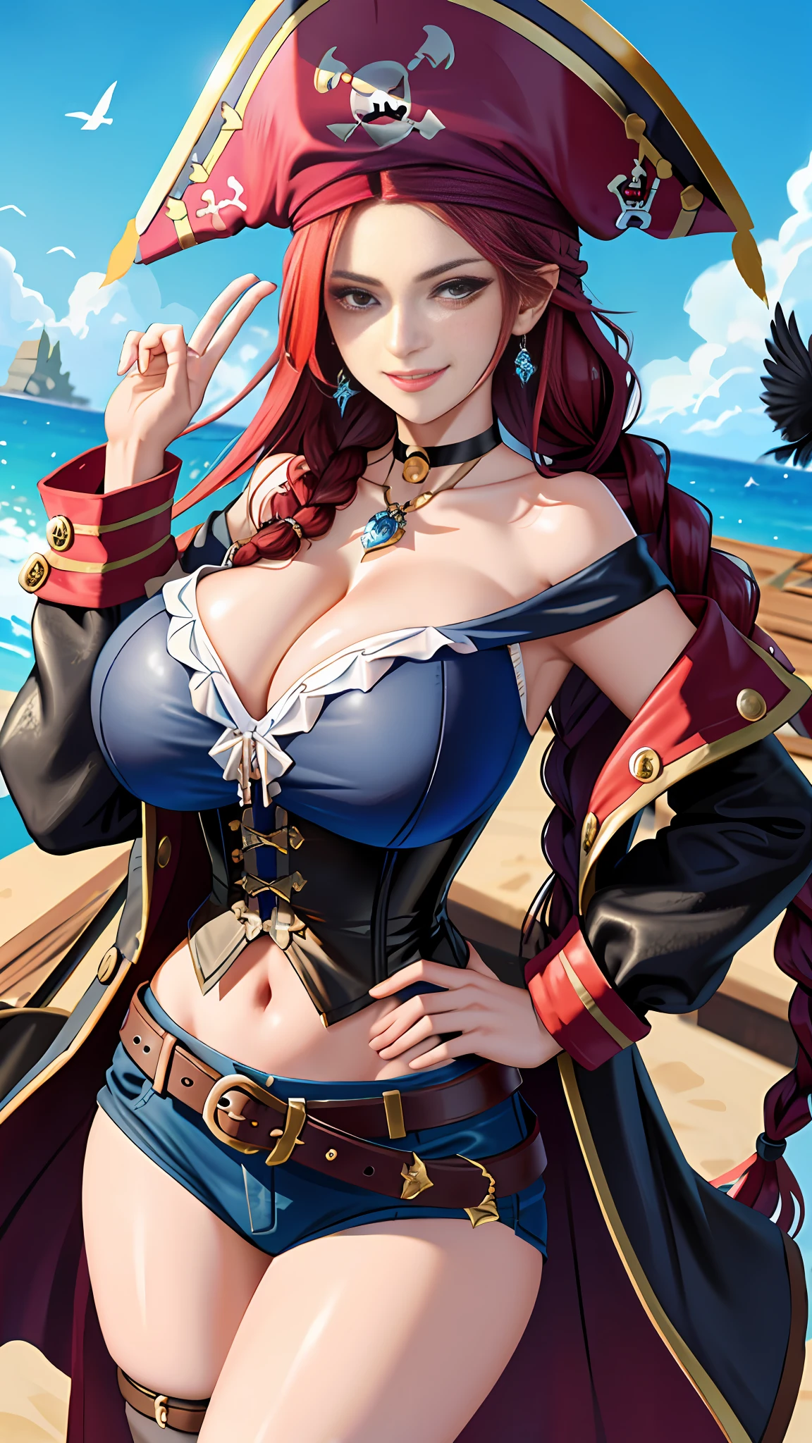 1girl, (pirate, pirate hat:1.1),close-up,(gigantic breasts:1.2), bare shoulders, off shoulder, ornate, (coat:1.1), hat feather, navel, belt, corset,choker, (jewelry), earrings, dress, leather, shiny, (deck:1), sunlight, smirk, grin, hand on hip, looking at viewer,long hair, red hair, braid,birds, (bluse sky),glitter,feathers (masterpiece, high quality:1.2)