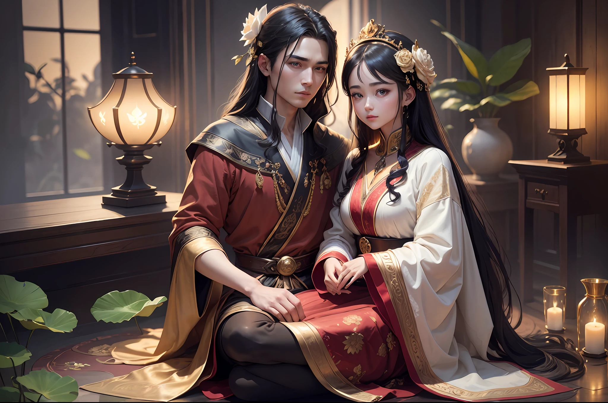 Masterpiece, Best Quality, (Very Detailed CG Unity 8k Wallpaper), (Best Quality), (Best Illustration), (Best Shadows), Absurd, Realistic Lighting, (Abyss), Beautiful Detailed Glow, Peter Mohr Beighter's art, masterpiece, best quality, (very detailed CG unified 8k wallpaper), (best quality), (best illustration), (best shadow), ultra-detailed, "They are an ancient couple, | The boy is tall, broad shoulders and strong arms, his face is well-defined, handsome, and his eyes are deep and clear. He wore a wide robe with exquisite embroidery on it, a pair of loose pants underneath, and a pair of leather boots under his feet, and the whole person looked calm and restrained. | The girl has a graceful figure, smart and beautiful, and her big eyes and long black hair make her look extremely charming. She wore a bright red robe with exquisite embroidery and gold thread, the hem of the dress fluttered in the wind, and a pair of red embroidered shoes at the corner of the skirt made her look beautiful and cute. They came to a lotus pond, and the lotus flowers glowed faintly golden in the moonlight, which was very beautiful. "Digital Art, trending artstation, 4K, high detail, cinematic lighting, intricate, high detail, sharp-focused, dramatic, realistic --auto --s2