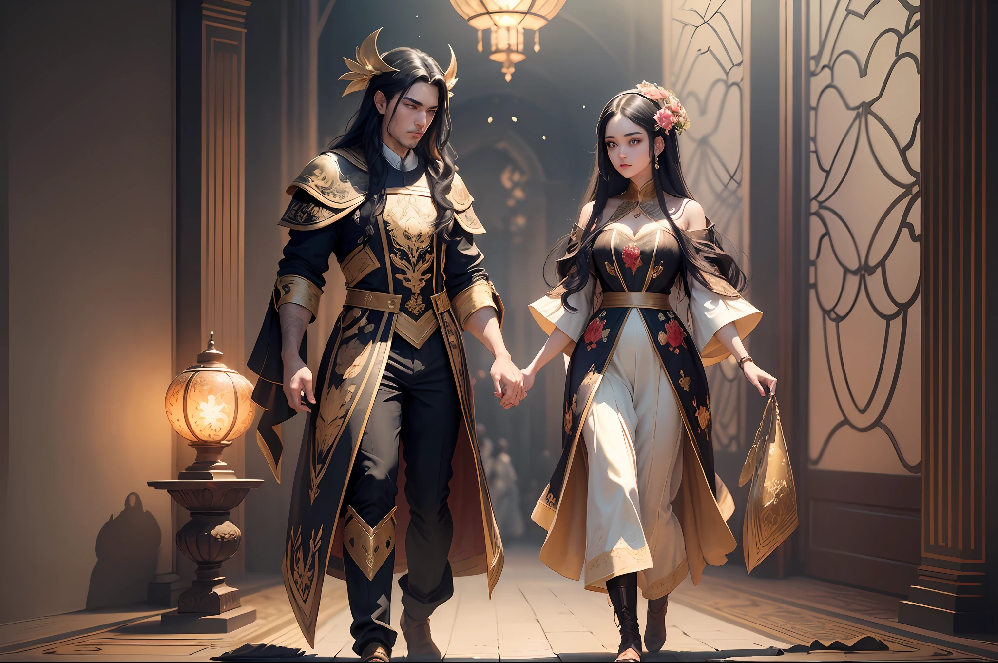 Masterpiece, Best Quality, (Very Detailed CG Unity 8k Wallpaper), (Best Quality), (Best Illustration), (Best Shadows), Absurd, Realistic Lighting, (Abyss), Beautiful Detailed Glow, Peter Mohr Beighter's art, masterpiece, best quality, (very detailed CG unified 8k wallpaper), (best quality), (best illustration), (best shadow), ultra-detailed, "They are an ancient couple, | The boy is tall, broad shoulders and strong arms, his face is well-defined, handsome, and his eyes are deep and clear. He wore a wide robe with exquisite embroidery on it, a pair of loose pants underneath, and a pair of leather boots under his feet, and the whole person looked calm and restrained. | The girl has a graceful figure, smart and beautiful, and her big eyes and long black hair make her look extremely charming. She wore a bright red robe with exquisite embroidery and gold thread, the hem of the dress fluttered in the wind, and a pair of red embroidered shoes at the corner of the skirt made her look beautiful and cute. They came to a lotus pond, and the lotus flowers glowed faintly golden in the moonlight, which was very beautiful. "Digital Art, trending artstation, 4K, high detail, cinematic lighting, intricate, high detail, sharp-focused, dramatic, realistic --auto --s2