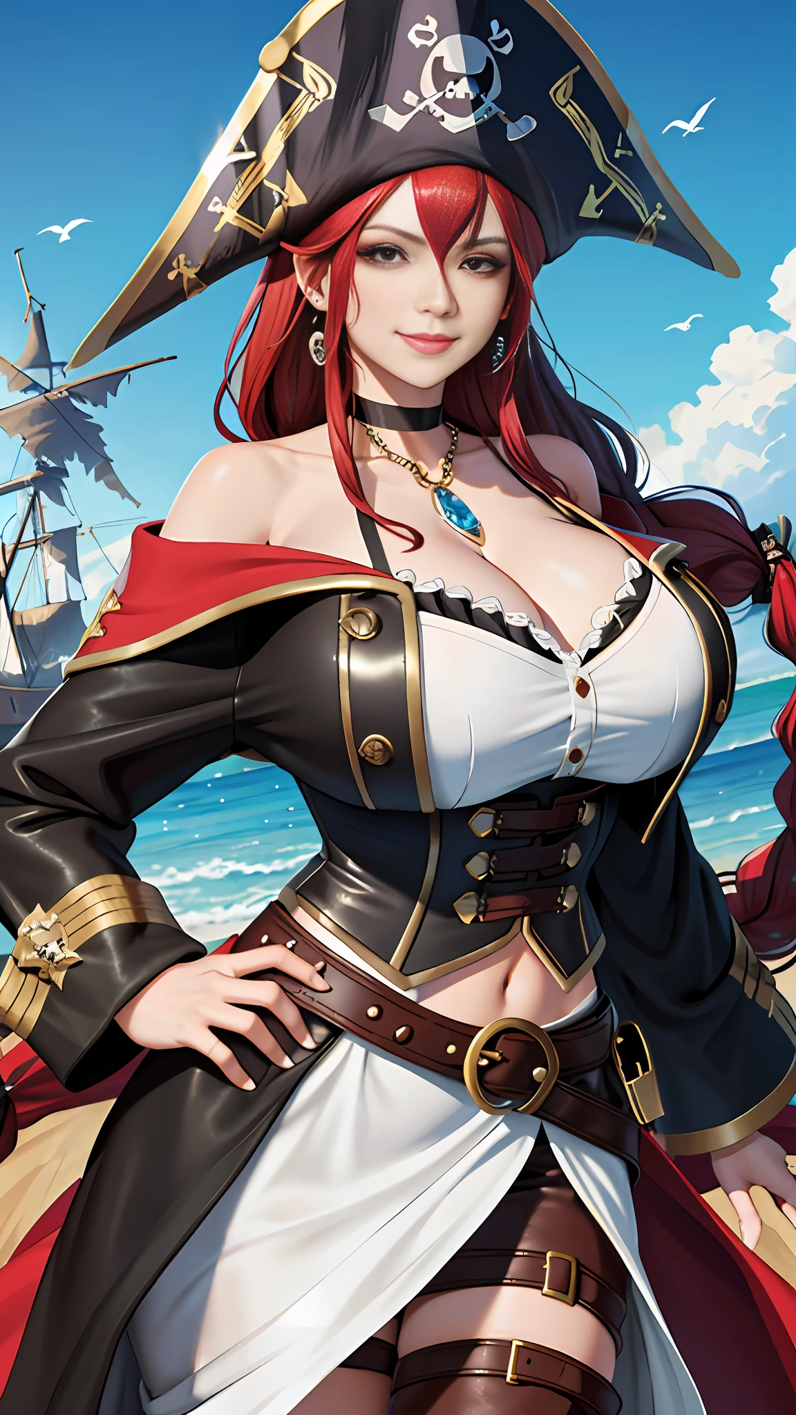 1girl, (pirate, pirate hat:1.1),close-up,(gigantic breasts:1.2), bare shoulders, off shoulder, ornate, (coat:1.1), hat feather, navel, belt, corset,choker, (jewelry), earrings, dress, leather, shiny, (deck:1), sunlight, smirk, grin, hand on hip, looking at viewer,long hair, red hair, braid,birds, (bluse sky),glitter,feathers (masterpiece, high quality:1.2)