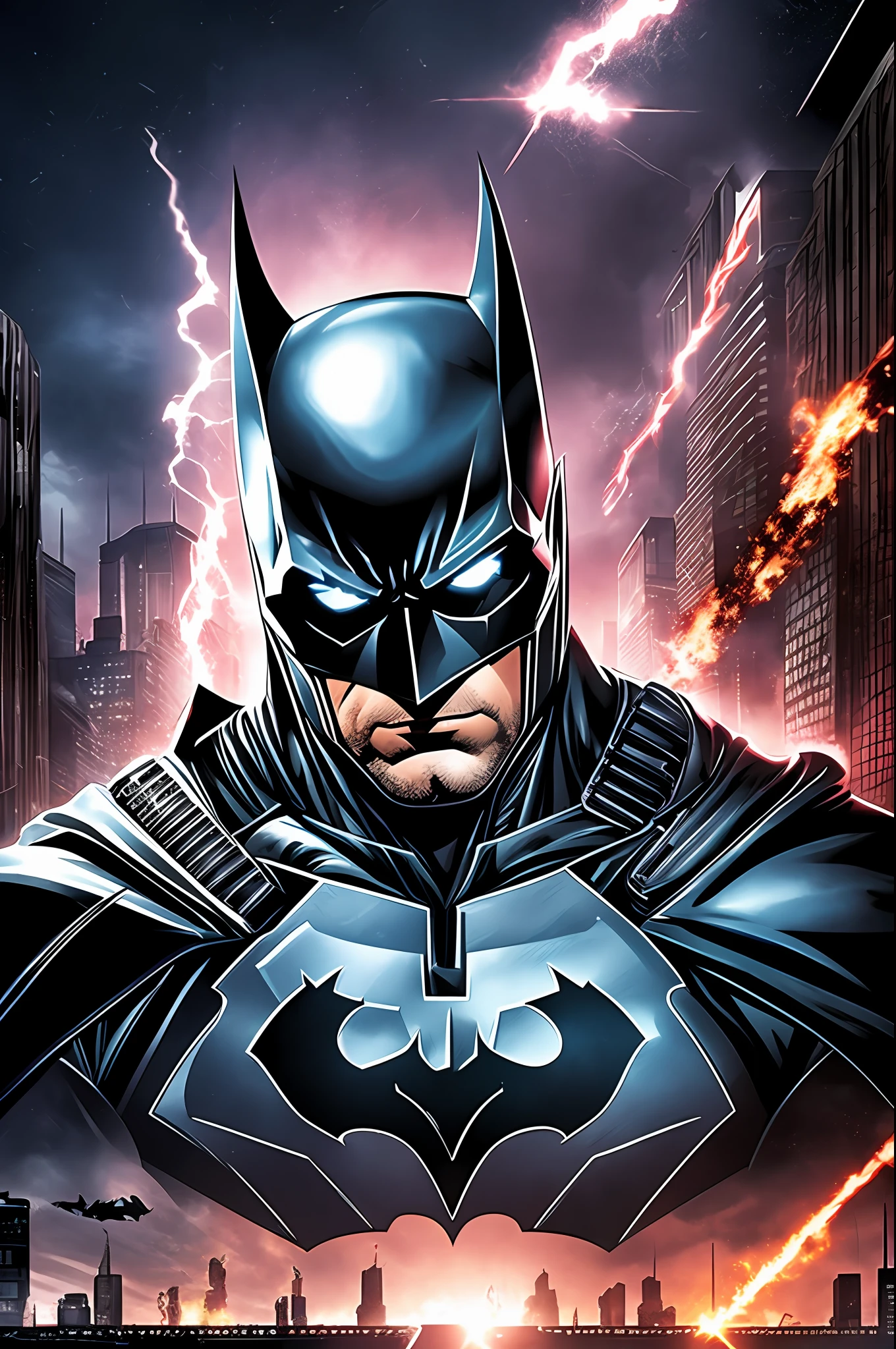 Batman as The Terminator (movie), 64k, realistic, high definicion, ultra resolution, ultra detailed, Dark ilumination, intensity, dramatic, panic, --auto --s2