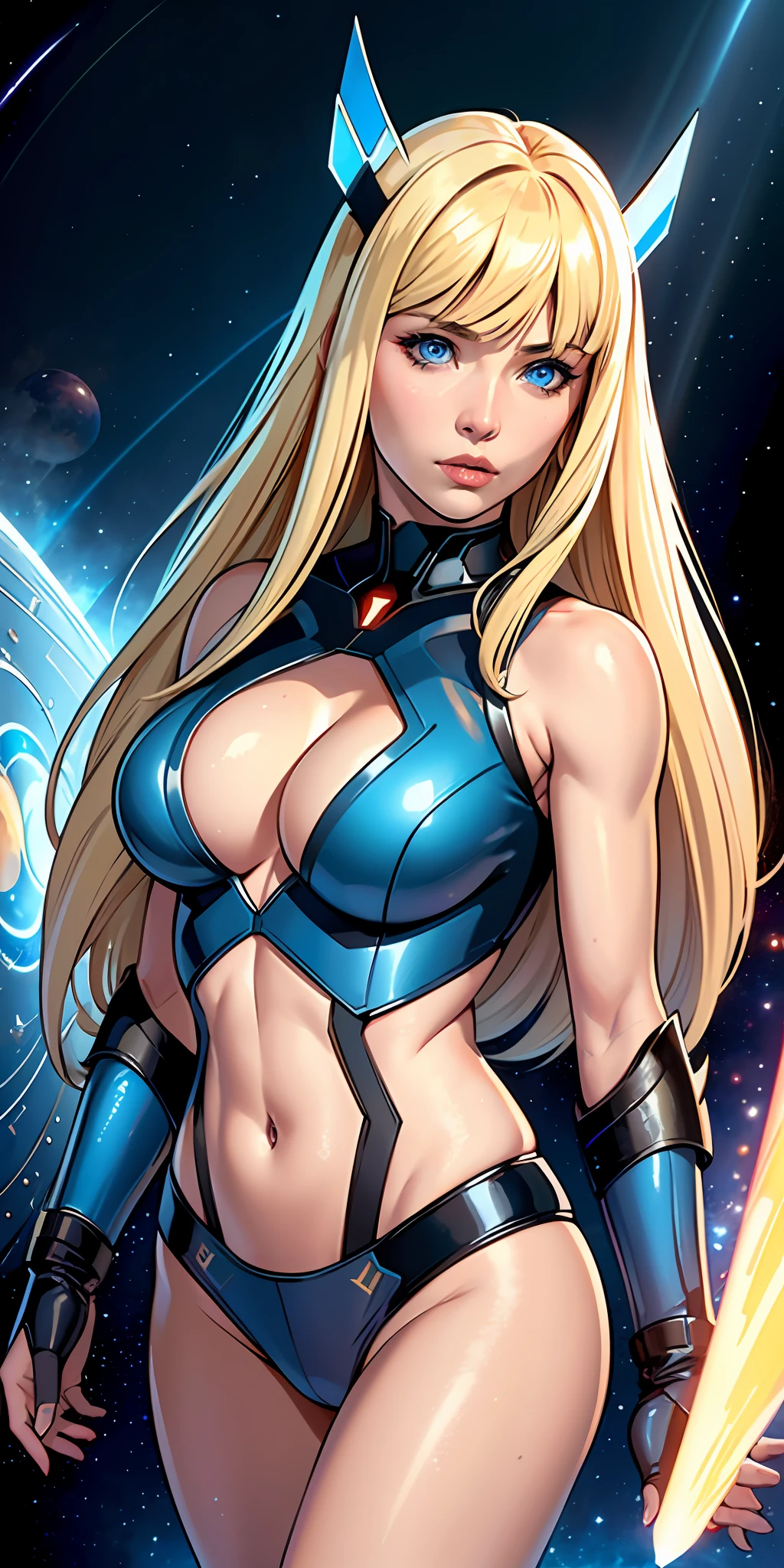 masterpiece, ultra high quality CG, best quality, perfect picture, solo, 1 woman, she is magik (long blond hair whith bangs, blue eyes, strong), wearing a sexy futuristic space superhero outfit, shoulders showing, in a spaceship, depth of field, highly detailed background, oiled body, perfect lights, hdr, 8k, cosmic lights, magic portal,