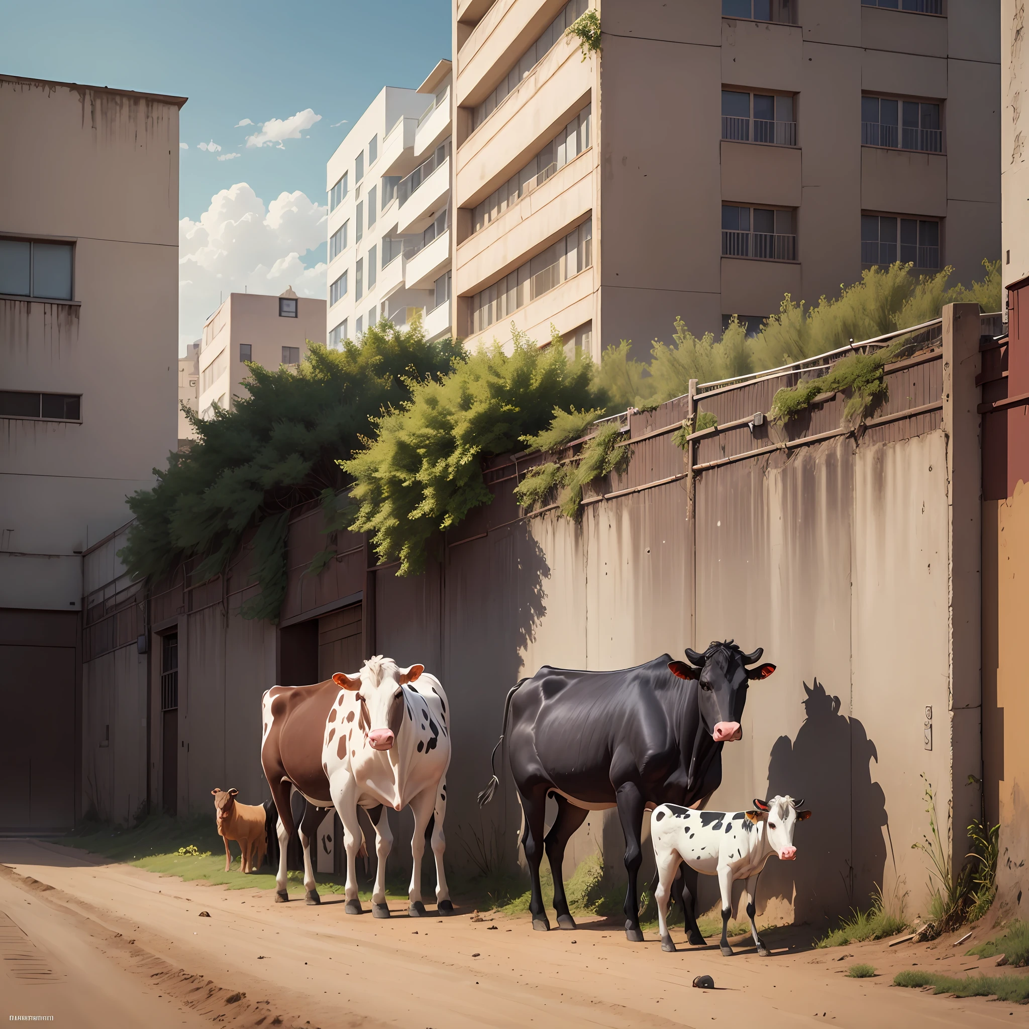 there are three cows standing in a dirt area near a building, cows, by Willian Murai, by Ceferí Olivé, by Nándor Katona, malika favre, bovine, random cows, by Robert Zünd, by Fernando Gerassi, by Tom Wänerstrand, by Julian Hatton, by Jacob Steinhardt --auto --s2