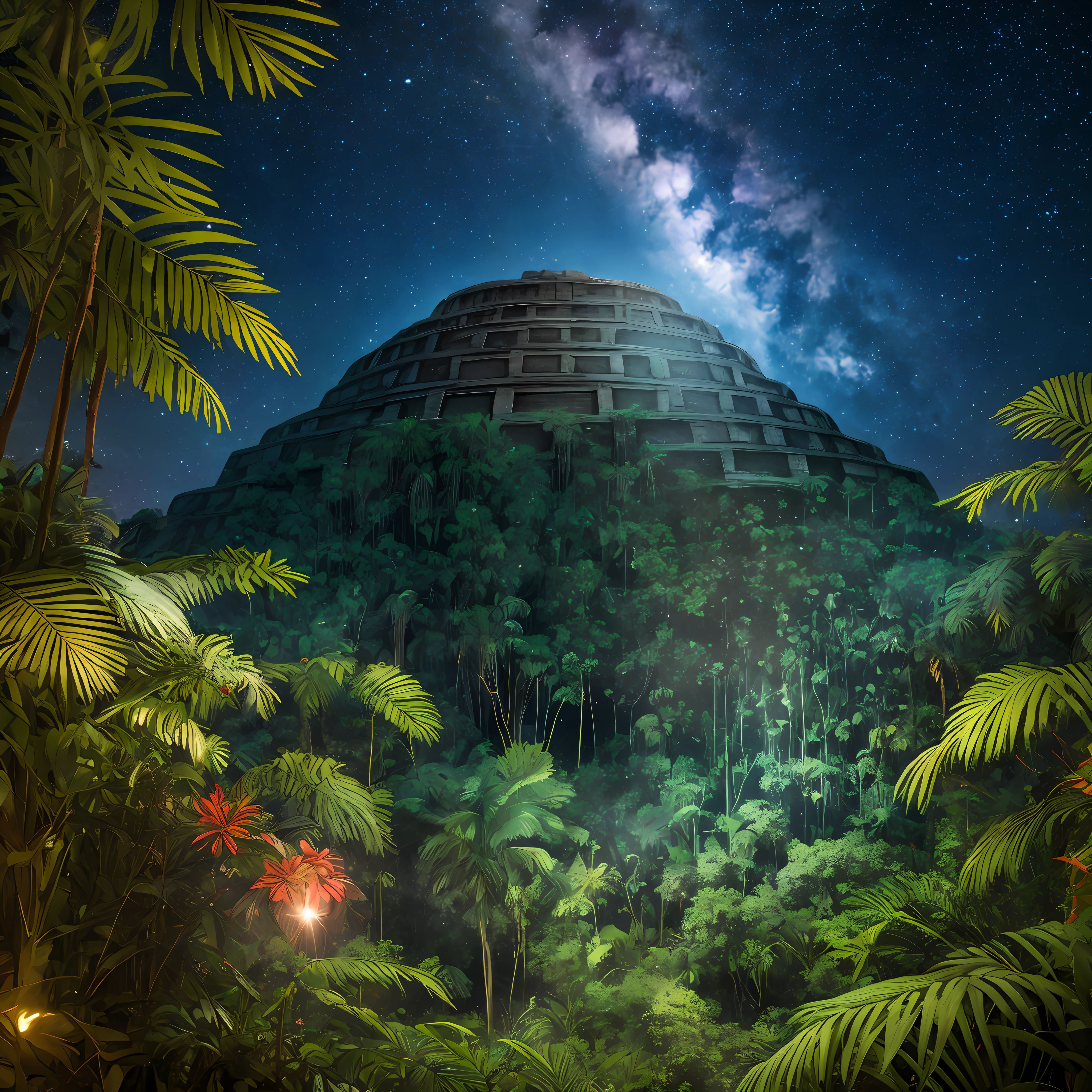 Imagine you are an ancient Mayan living in the jungle. One night, you witness a bright light streak across the sky and crash land in the nearby hills. Curiosity gets the better of you, and you set out to investigate the mysterious object. As you get closer, you realize it’s not from this world. How does this encounter with the UFO change your perspective on life and the universe? Create an art piece that captures the awe and wonder of this encounter and brings together the ancient Mayan culture and the futuristic world of extraterrestrial technology.