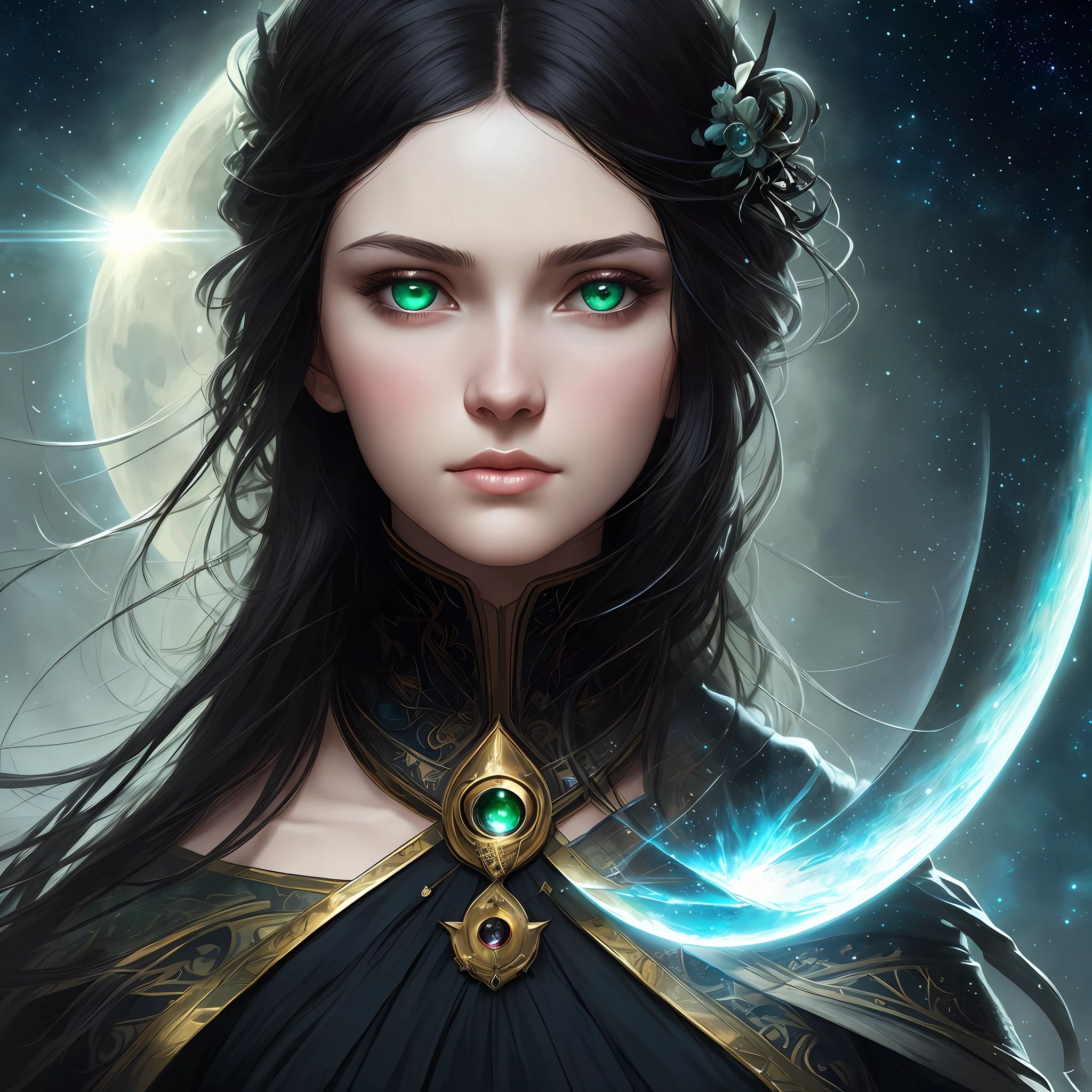 close up of the pale face of a beatiful black haired girl, inside her green eyes you can see the reflection of an eclipse, dark blue sky full of stars background, masterpiece, fine detail, rich colors, dramatic lighting, extremely detailed, cinematic lighting hyperdetailed painting, luminism, absurdres, Bar lighting, complex, 4k resolution concept art portrait by Greg Rutkowski, Artgerm, WLOP, Alphonse Mucha, little fusion pojatti realistic goth: a stunning realistic photograph