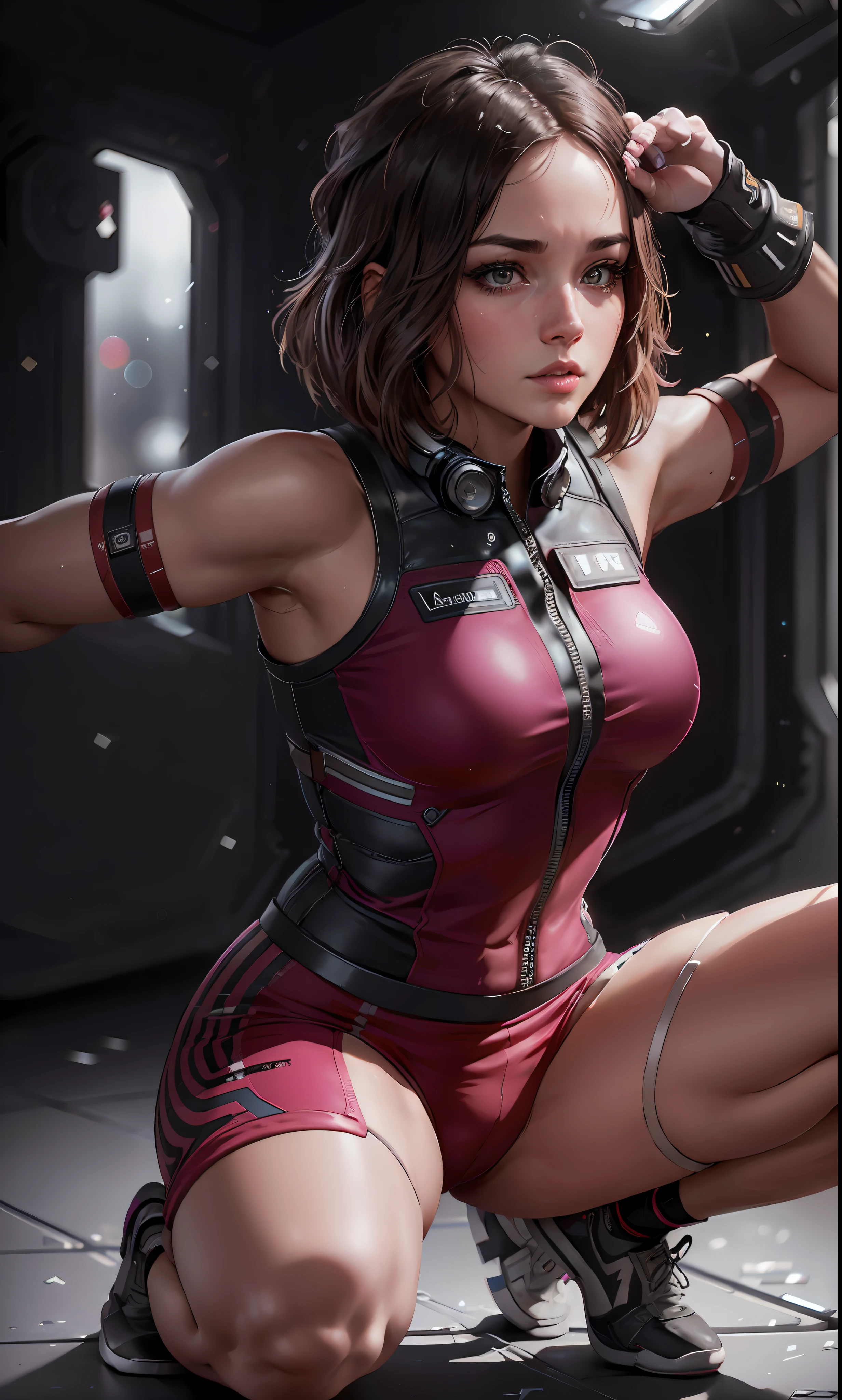 Daisy Jhonson as the captain of a spaceship, squatting spaceship gym, (inspired by mass effect), future-tech sports clothes, (8k, RAW photo, photorealistic: 1.25), (lots of lip gloss, lots of eyelashes, best quality, ultra high resolution, depth of field, chromatic aberration, wide light, natural color, picture from distance (1:2)