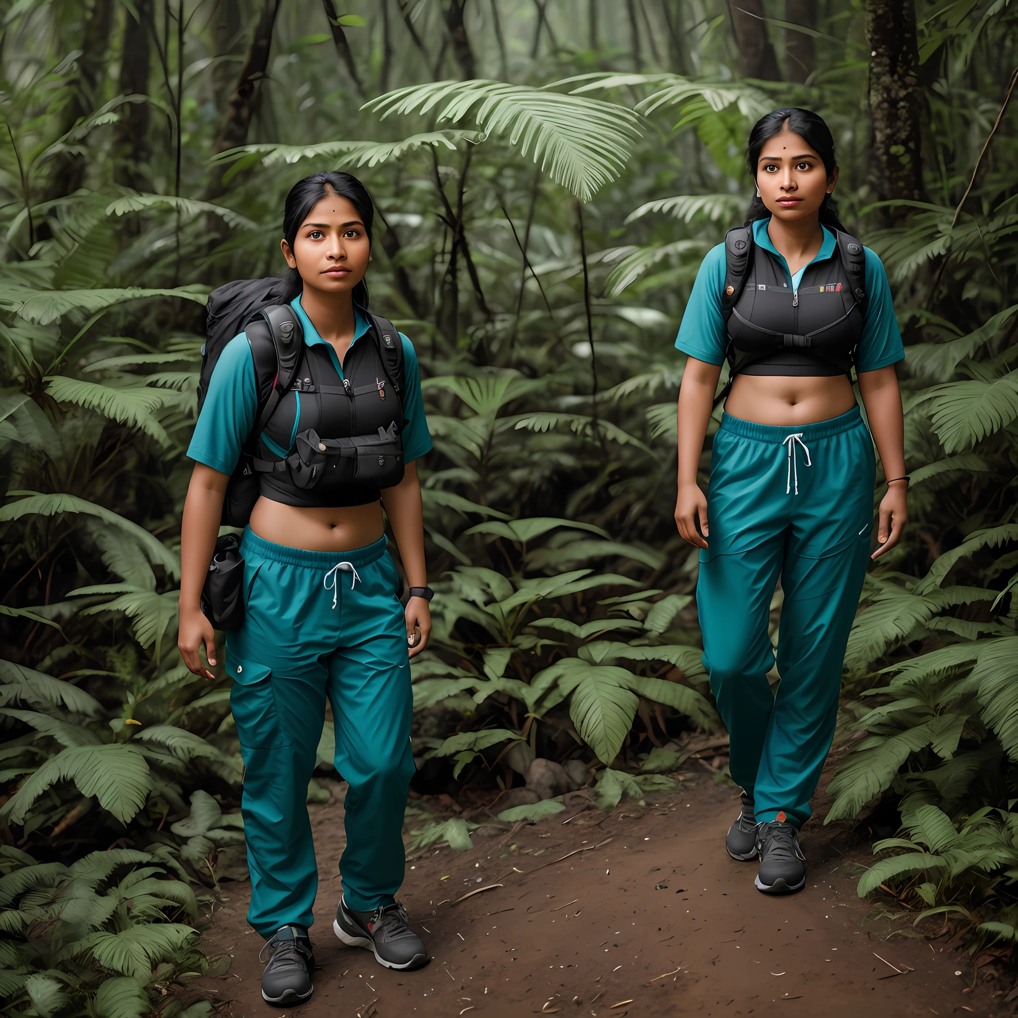 Indian woman hiking in a rainforest , wearing track pants and trekking gear, 8k uhd, digital SLR camera, soft light, high quality, film grain,high detail,UHD, masterpiece, accurate, anatomically correct, super detail, high quality, 16k, highres, award winning, ((full body shot)),soft light rays, realistic skin texture, extreme skin details, photorealistic, photograph, realistic, realism, photorealism, film grains, lifelike texture, dynamic composition, contrast lighting, sharp focus, raw photo, photon metering, analog photo style, photography with Hasselblad camera, f5.6 lens 500mm, Kodak Portra 400 4x 5, anatomically correct