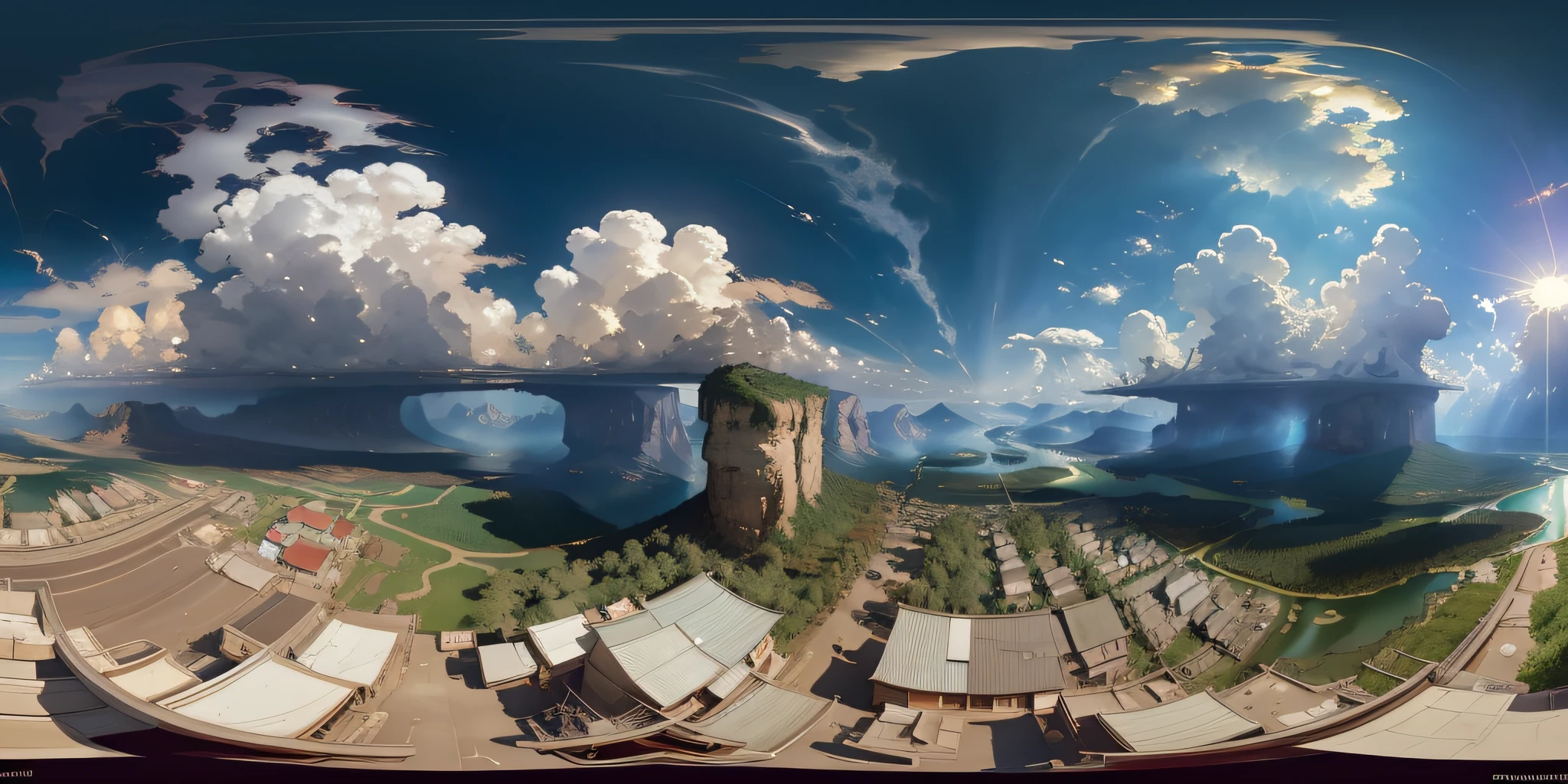 an equirectangular panorama 360, modelshoot style, (extremely detailed 8k CG unit wallpaper), sky with clouds and radiance of the sun, real amazing clouds, trends in artstation, pixiv, hyper-detailed Unreal Engine 4k 8k ultra HD, Stanley Artgerm Lau, WLOP, Rossdraws, James Jean Marc Simonetti Ruan Jia and Mandy Jurgens and Artgerm and William-Adolphe Bouguerea Sakimichan,  yuru camp, illustration, digital art, concept art, by Jeremy Mann, Greg Manchess, Antonio Moro, trend at ArtStation, trend at CGSociety, Intricate, High Detail, Sharp focus, dramatic and photorealistic painting art by greg rutkowski