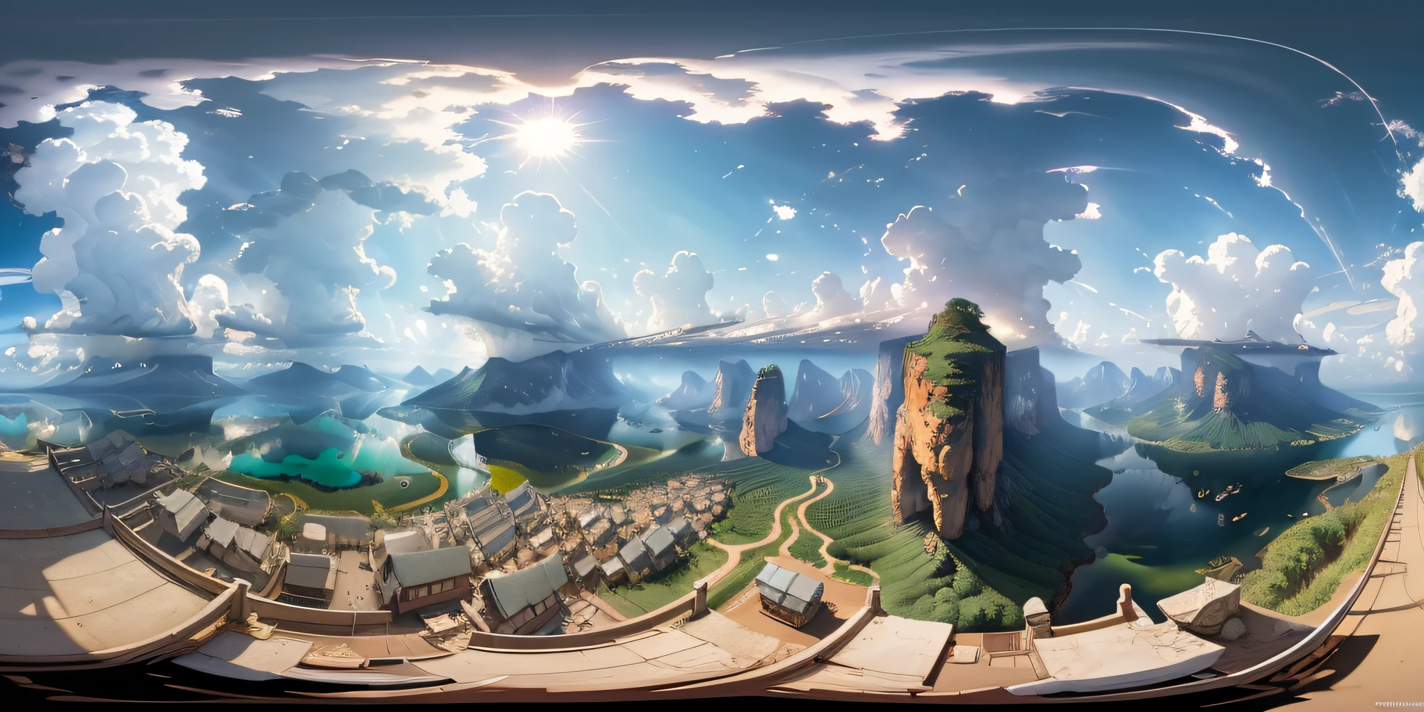 an equirectangular panorama 360, modelshoot style, (extremely detailed 8k CG unit wallpaper), sky with clouds and radiance of the sun, real amazing clouds, trends in artstation, pixiv, hyper-detailed Unreal Engine 4k 8k ultra HD, Stanley Artgerm Lau, WLOP, Rossdraws, James Jean Marc Simonetti Ruan Jia and Mandy Jurgens and Artgerm and William-Adolphe Bouguerea Sakimichan,  yuru camp, illustration, digital art, concept art, by Jeremy Mann, Greg Manchess, Antonio Moro, trend at ArtStation, trend at CGSociety, Intricate, High Detail, Sharp focus, dramatic and photorealistic painting art by greg rutkowski