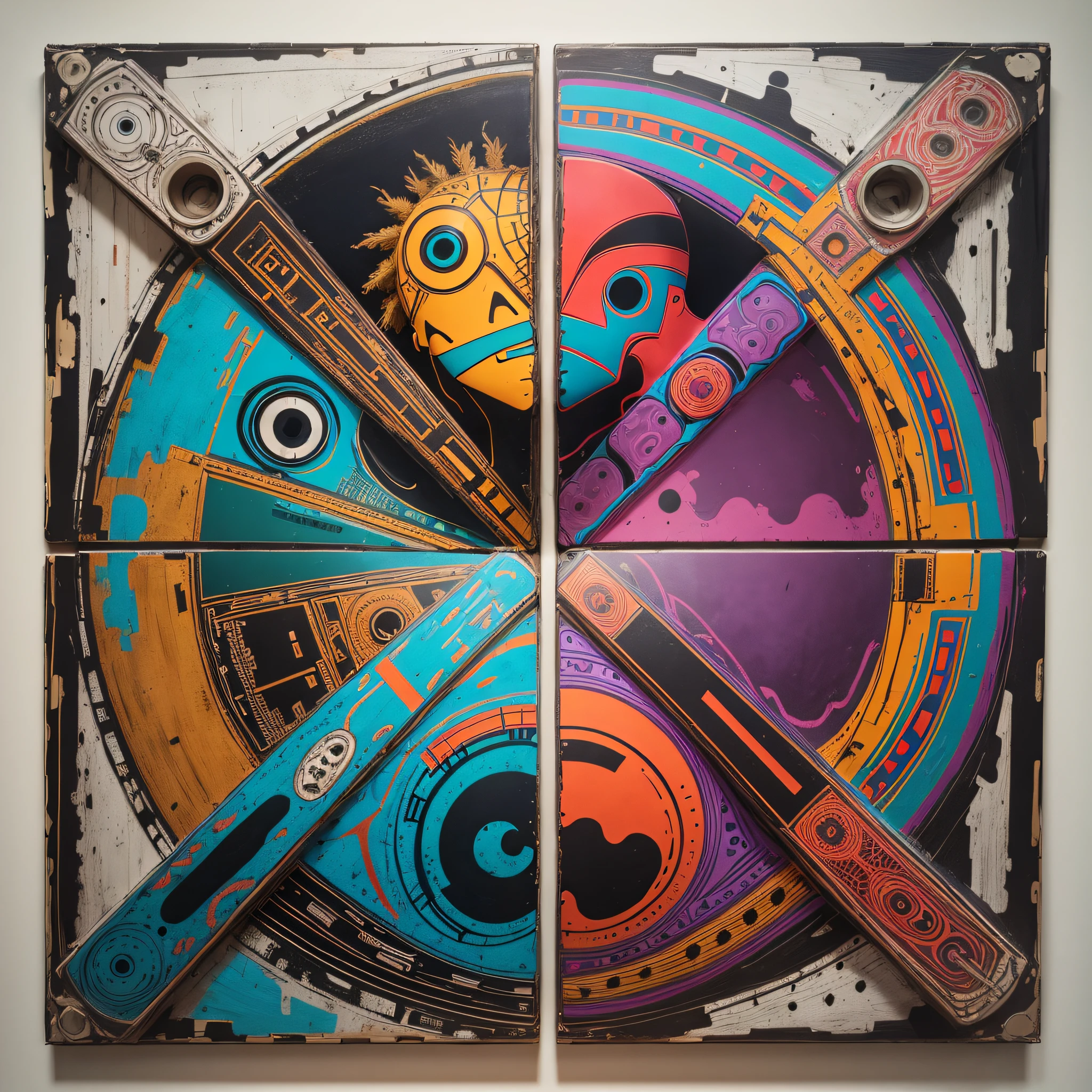 4k, realistic, Tribal elements and ufo crossing their long necks forming the moebius strip in the Basquiat style abstract minimalist art in square corner --auto --s2