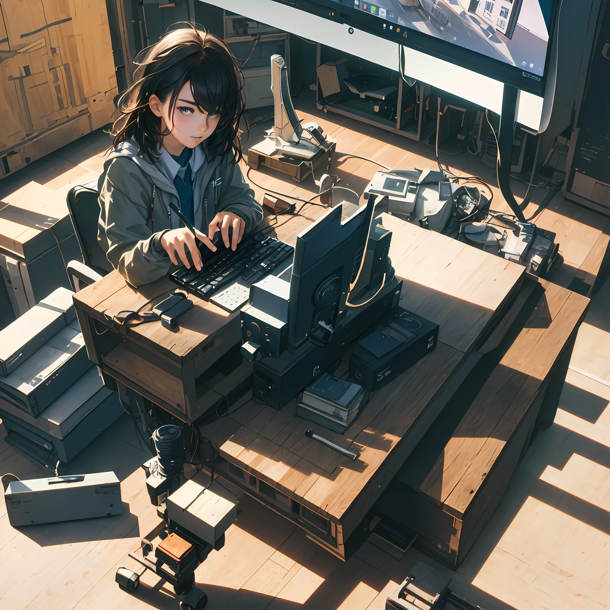 A portrait of a sitting at a desk on a computer screen, professional color grading, muted shadows, no contrast, sharp focus, film photography -- in the serrations, duplicated hands and fingers, shadows.8k,3d,spectoradde,3.2