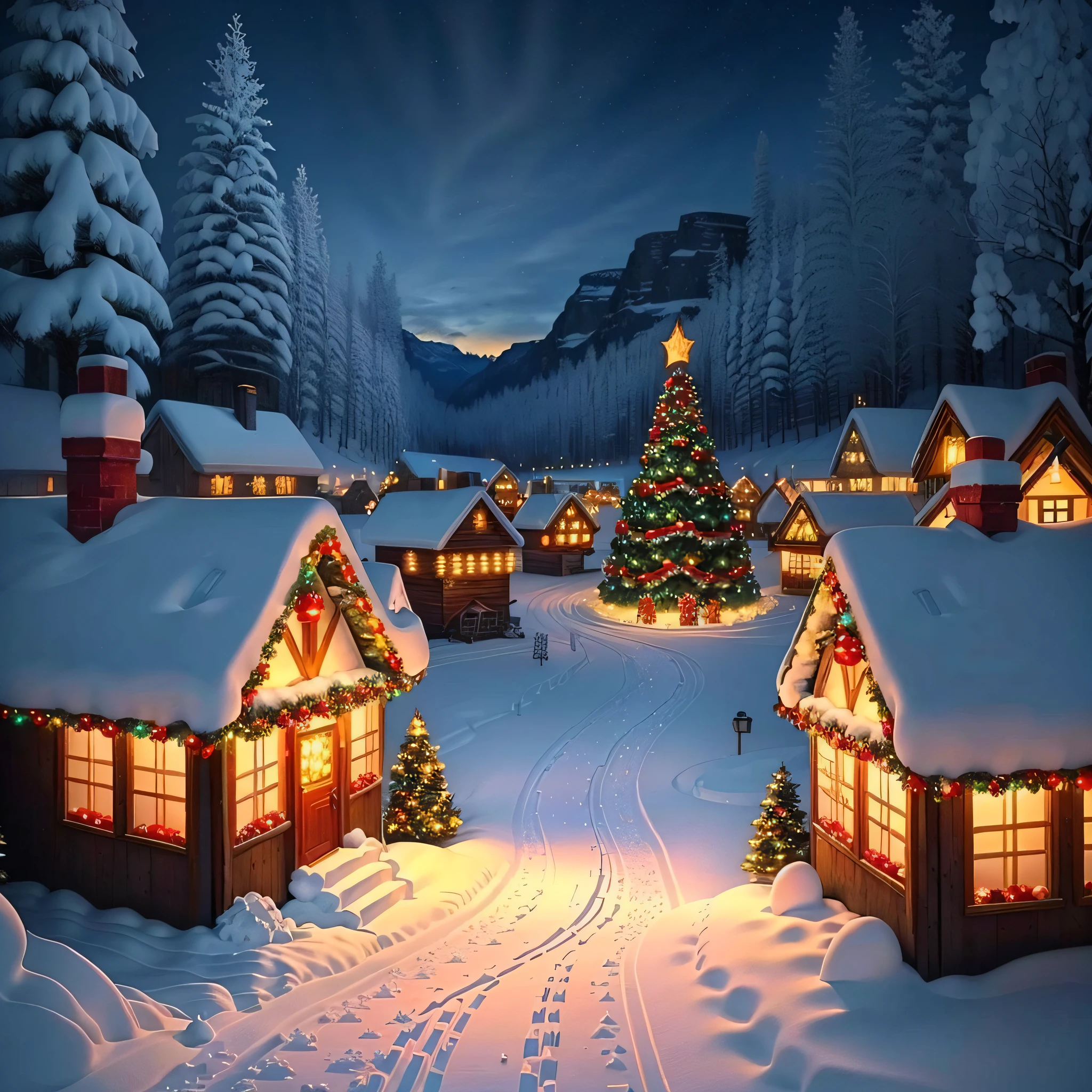 Snow village during winter. Christmas decorations