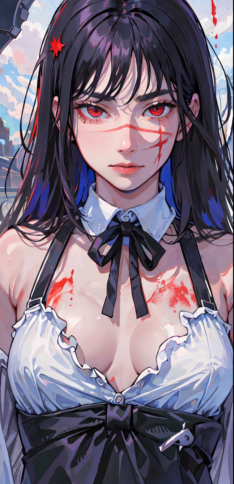((masterpiece, best quality)), (1girl), (solo), (female focus), yoru \(chainsaw man\),(very detailed face, real image, realistic white skin, realistic body, intricate details)psycho face, psycho eyes, serious, blood over the body, blood, black hair, long hair, intimidating look, pinafore dress, buttoned shirt, neck ribbon, small breasts, holding a knife, blood, blood on the knife, blood on scenario, moon, night, sky, clouds