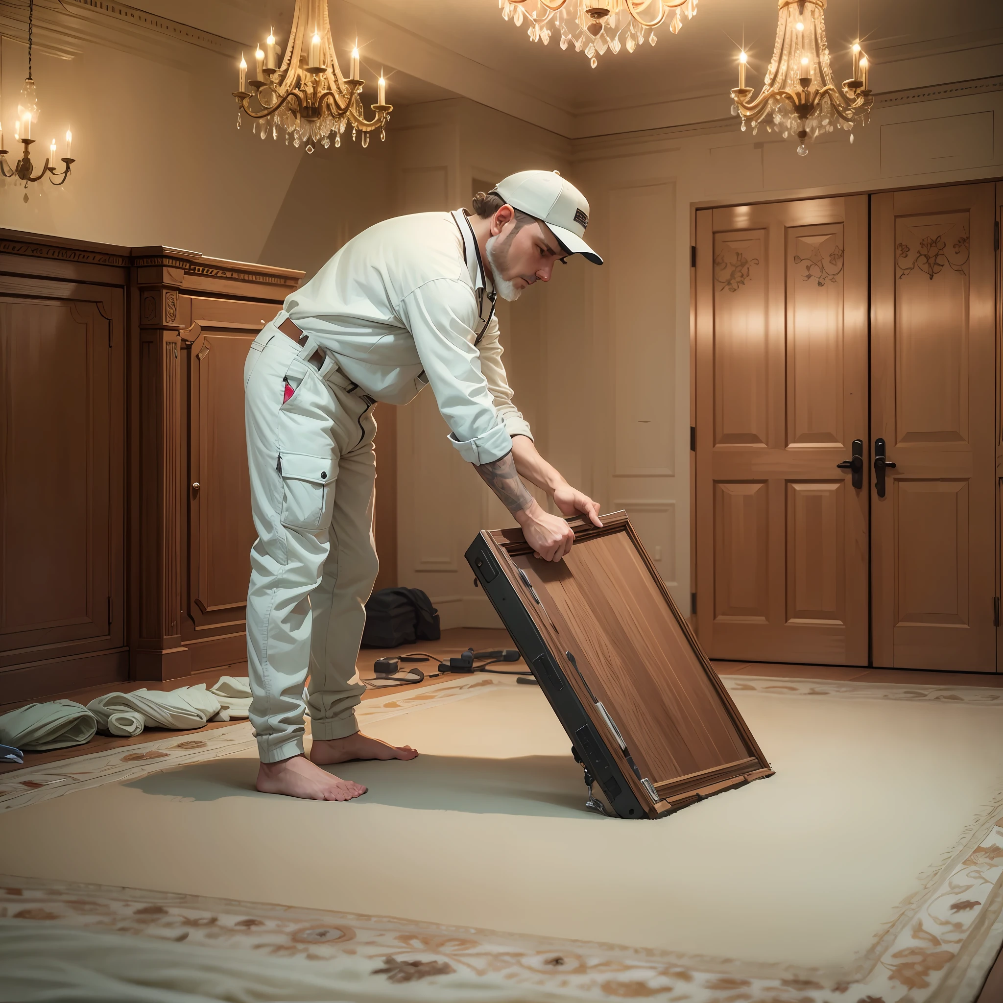 a technician with technician clothes installing the carpet on the floor, in a room, wide with furniture, 8k chandelier, uhd, severe low lighting, high quality, sharp focus, fujifilm XT3 --auto --s2