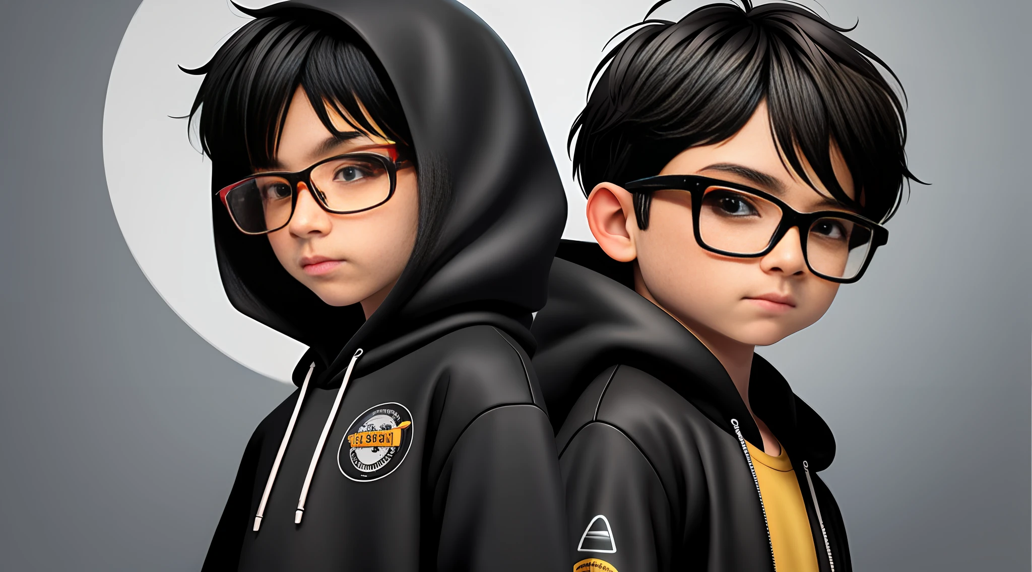 with glasses, short black hair, wearing a black hoodie, with a space gun