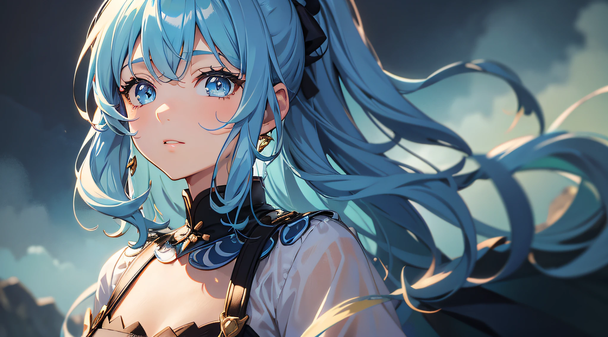 masterpiece), (best quality), (ultra detailed),(shaggy hair),(illustration), (1girl), (fashionable clothes), standing, model, looking at the viewer, (interview), (simple background), beautiful detailed eyes, beautiful and delicate face, floating, (high saturation), (colorful splashes), (bright), focus on face, ponytail, kamisato ayaka, light blue hair, bangs, hair ring, floating hair, (bright), better lighting, better shadow, cozy landscape