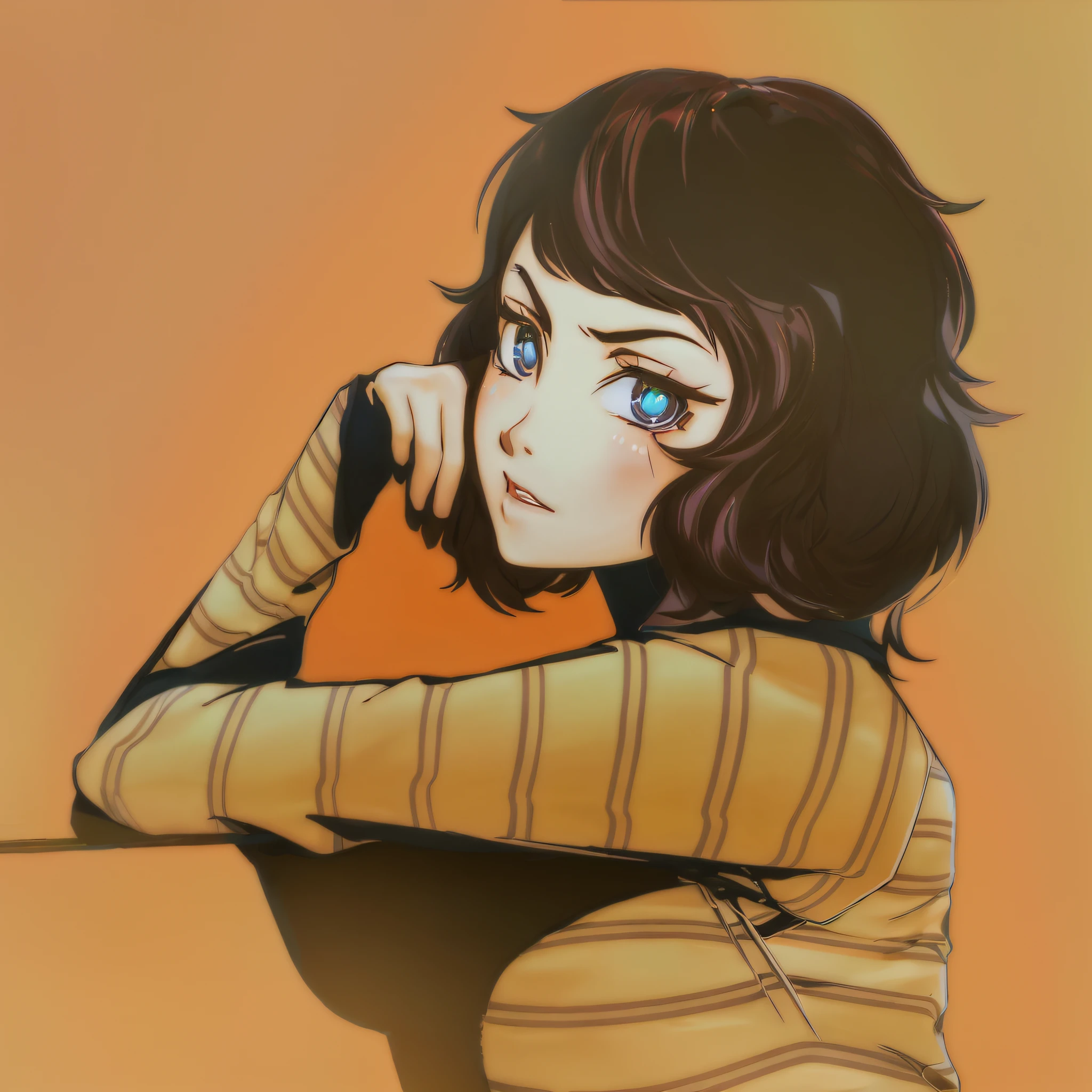 anime girl sitting on a chair with her hand on her chin, satoshi kon artstyle, retro anime girl, ilya kuvshinov style, in style of ilya kuvshinov, artstyle : ilya kuvshinov, inspired by Satoshi Kon, kuvshinov ilya, style of satoshi kon, ( ilya kuvshinov )
