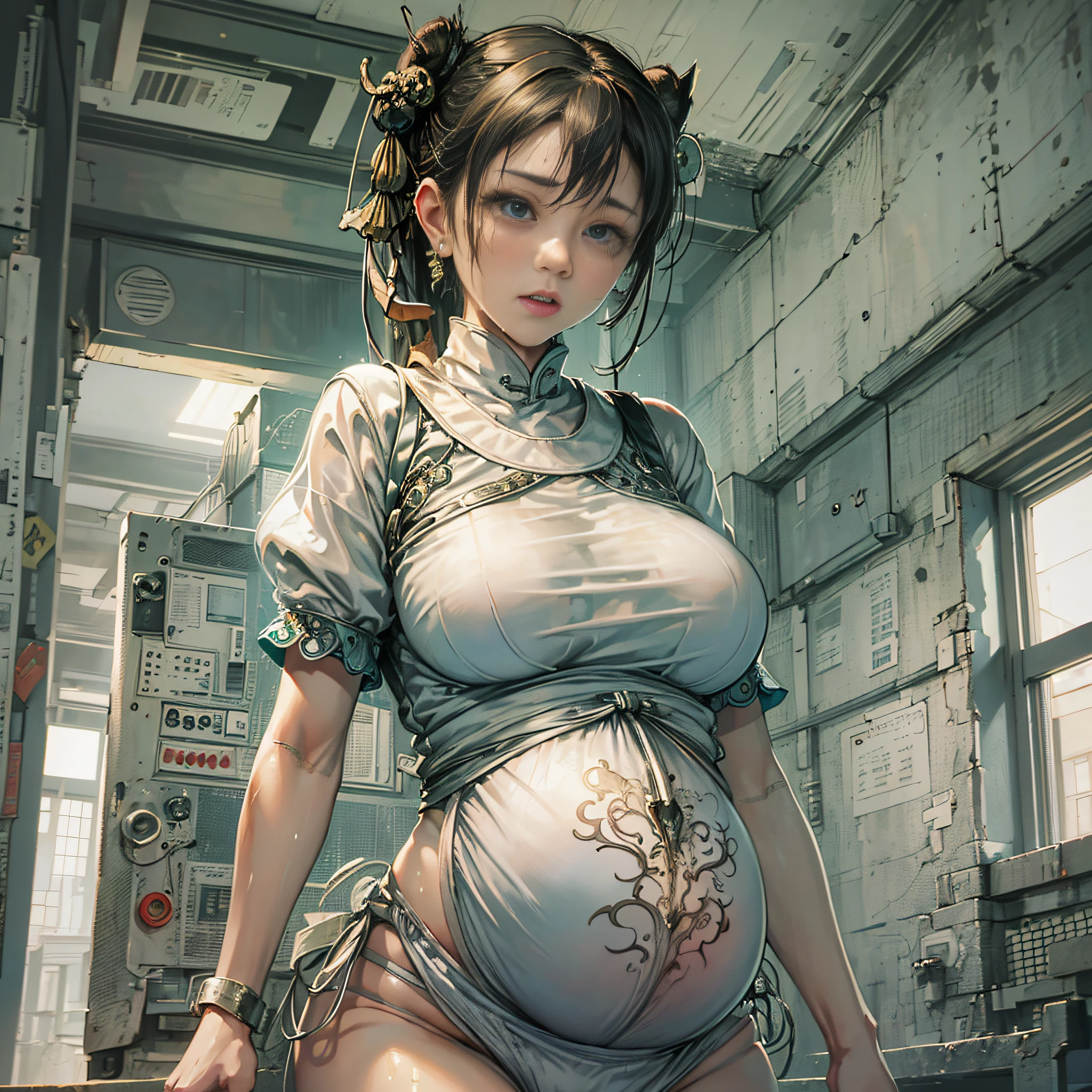 picture, 1 girl, Solo, Short sleeves, green eyes, looking at the viewer, tearful, (((No.cry)), abandoned house, floor, heart 1girl,steam, lace, (Chun-Li),((((pregnant woman)))), tense ?????????, white ?????????, no jacket, very ???????????, big ???, excited face, sweat-soaked skin, asking for help, ((((涎)))), full body --auto --s2