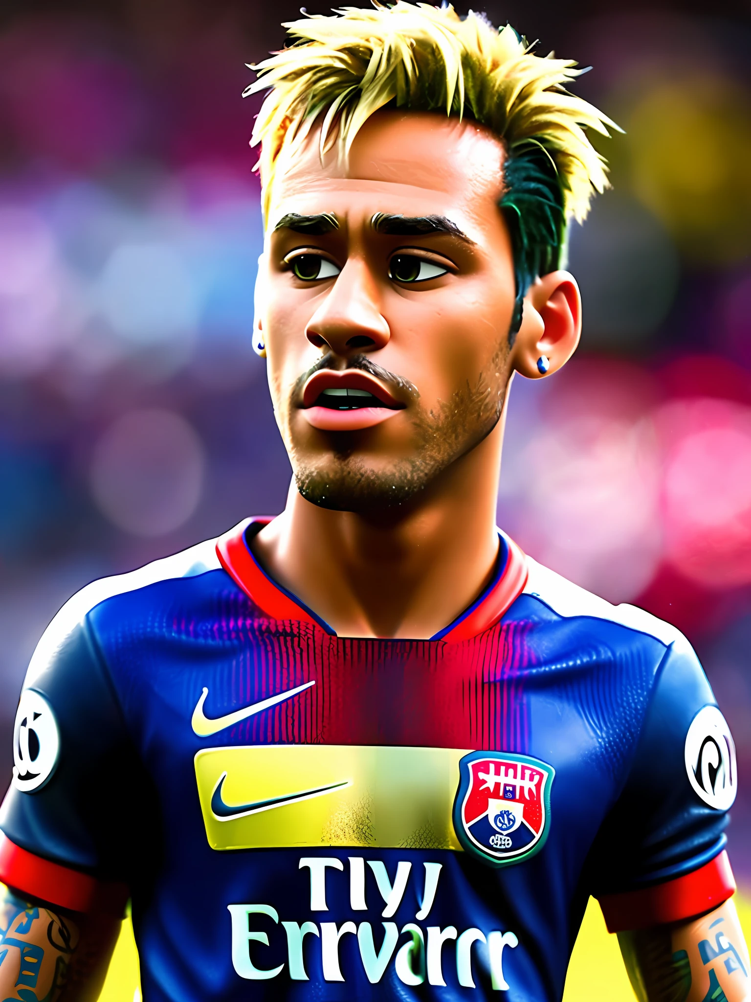 Neymar Jr, (pixar style) (masterpiece:1.2) (bokeh) (best quality) (detailed leather) (detailed texture) (8k) (claymation) (cinematic lighting) (sharp focus) wearing Paris Saint Germain t-shirt