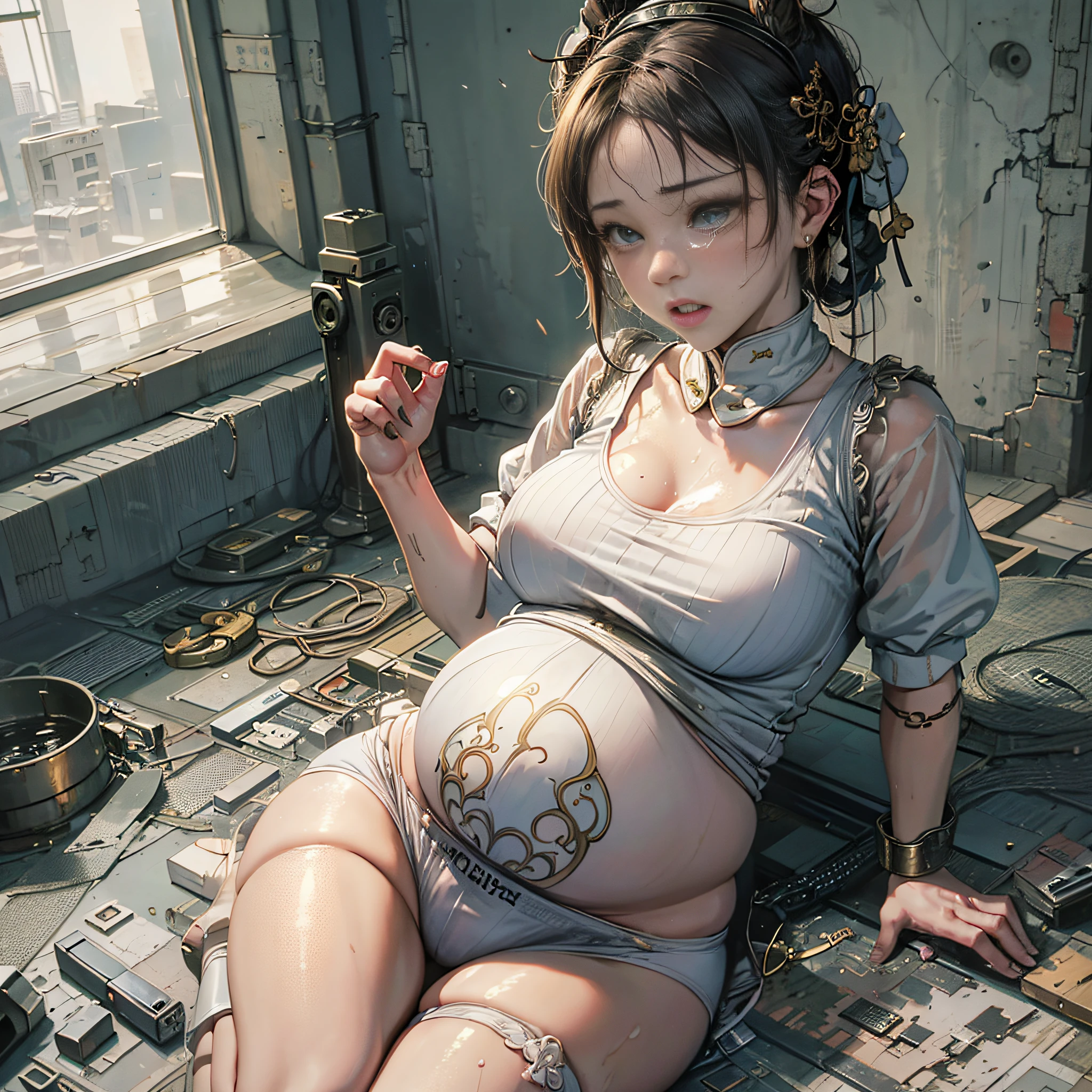 picture, 1 girl, Solo, Short sleeves, green eyes, looking at the viewer, tearful, (((No.cry)), abandoned house, floor, heart 1girl,steam, lace, (Chun-Li),((((pregnant woman)))), tense underwear, white underwear, no jacket, very big breasts, big ass, excited face, sweat-soaked skin, asking for help, ((((涎)))), full body --auto --s2
