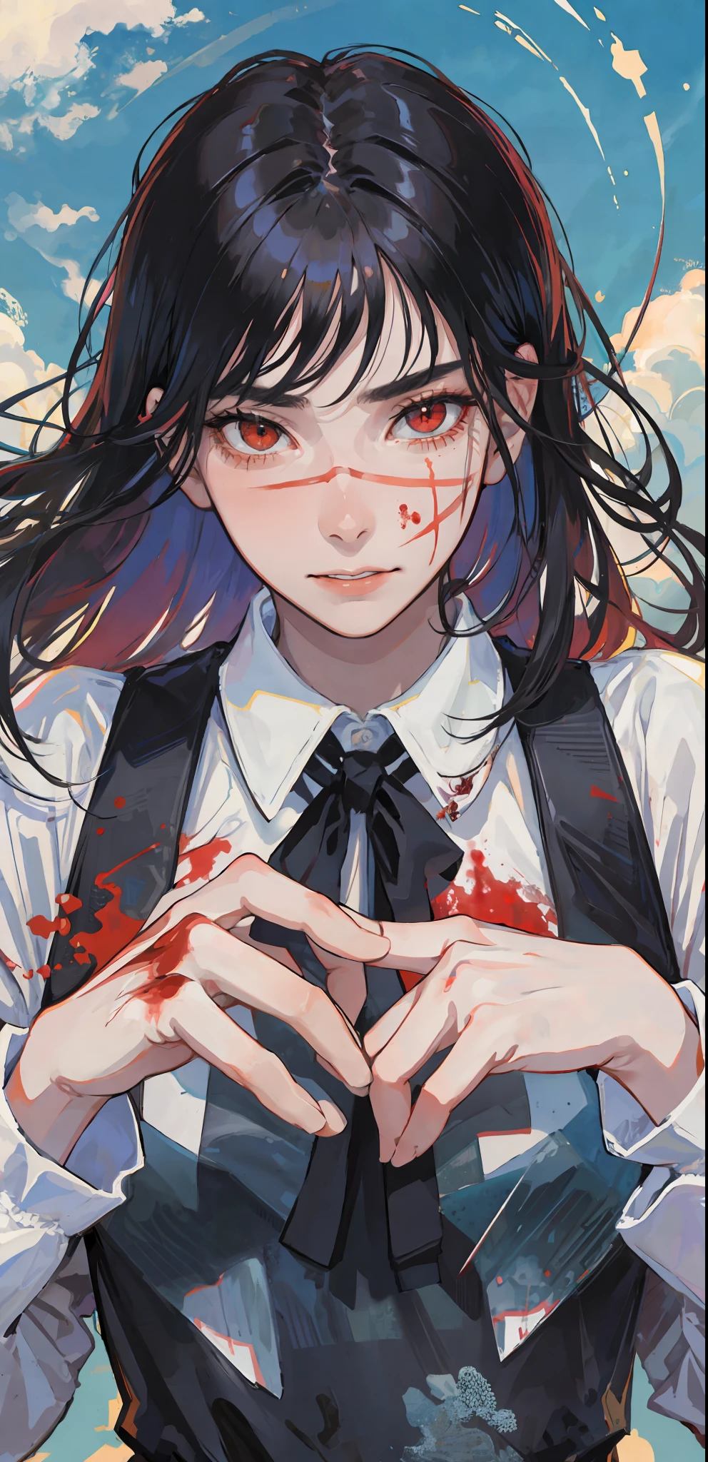 ((masterpiece, best quality)), (1girl), (solo), (female focus), yoru \(chainsaw man\),(very detailed face, real image, realistic white skin, realistic body, intricate details)psycho face, psycho eyes, serious, blood over the body, blood, black hair, long hair, intimidating look, pinafore dress, buttoned shirt, neck ribbon, small breasts, holding a knife, blood, blood on the knife, blood on scenario, moon, night, sky, clouds