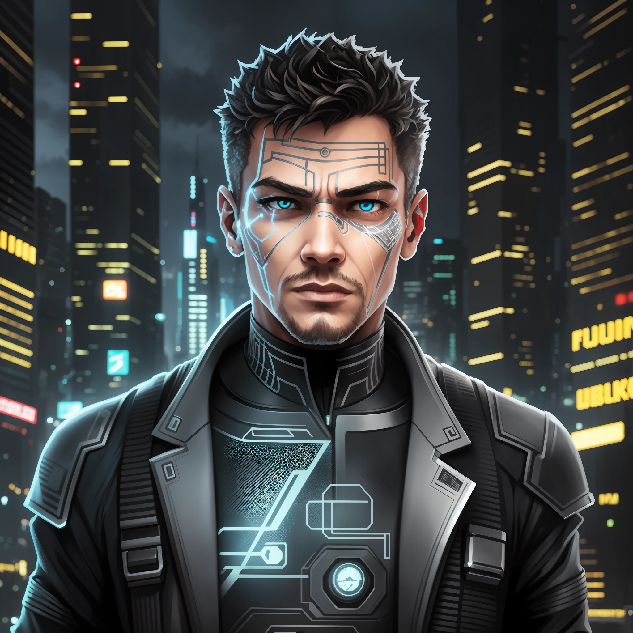 cyborg man looking forward against blurred cyberpunk city lights background, 4k, ultra realistic, detailed, neuromancer, zima blue, blade runner --auto --s2
