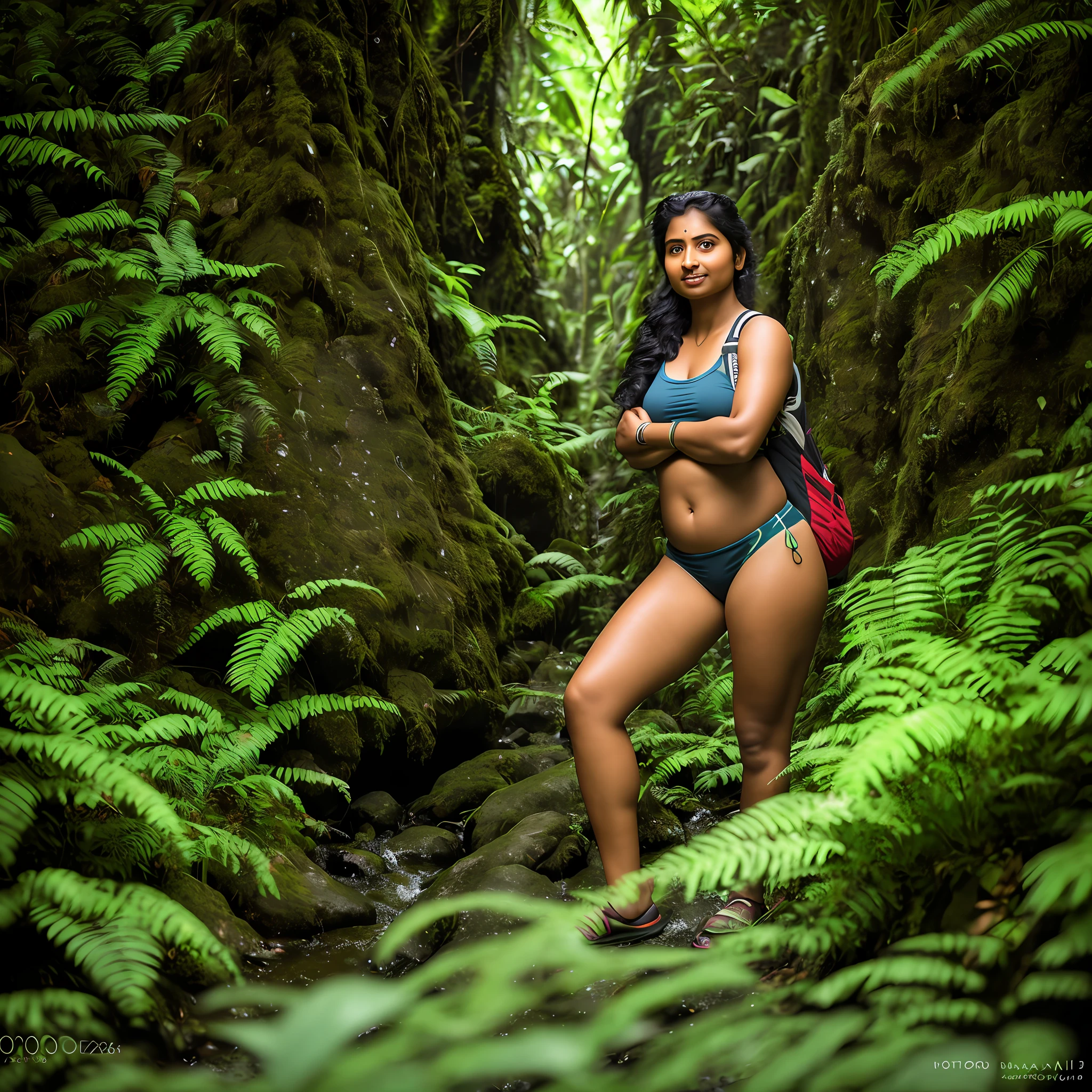 Indian kerala woman hiking in a rainforest ,8k uhd, digital SLR camera, soft light, high quality, film grain,high detail,UHD, masterpiece, accurate, anatomically correct, super detail, high quality, 16k, highres, award winning, ((full body shot)),soft light rays, realistic skin texture, extreme skin details, photorealistic, photograph, realistic, realism, photorealism, film grains, lifelike texture, dynamic composition, contrast lighting, sharp focus, raw photo, photon metering, analog photo style, photography with Hasselblad camera, f5.6 lens 500mm, Kodak Portra 400 4x 5, anatomically correct, visible navel, visible knees