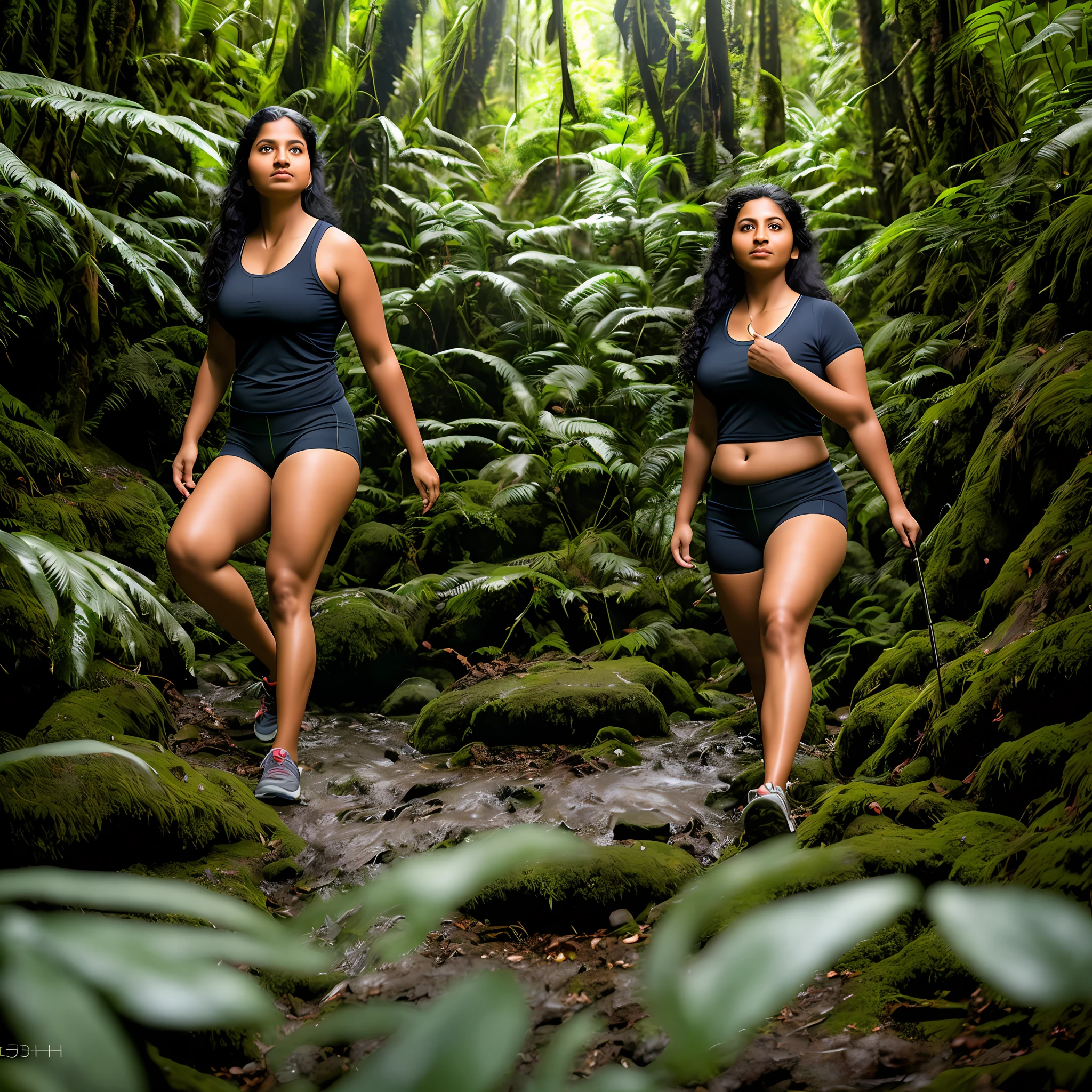 Indian kerala woman hiking in a rainforest ,8k uhd, digital SLR camera, soft light, high quality, film grain,high detail,UHD, masterpiece, accurate, anatomically correct, super detail, high quality, 16k, highres, award winning, ((full body shot)),soft light rays, realistic skin texture, extreme skin details, photorealistic, photograph, realistic, realism, photorealism, film grains, lifelike texture, dynamic composition, contrast lighting, sharp focus, raw photo, photon metering, analog photo style, photography with Hasselblad camera, f5.6 lens 500mm, Kodak Portra 400 4x 5, anatomically correct, visible navel, visible knees