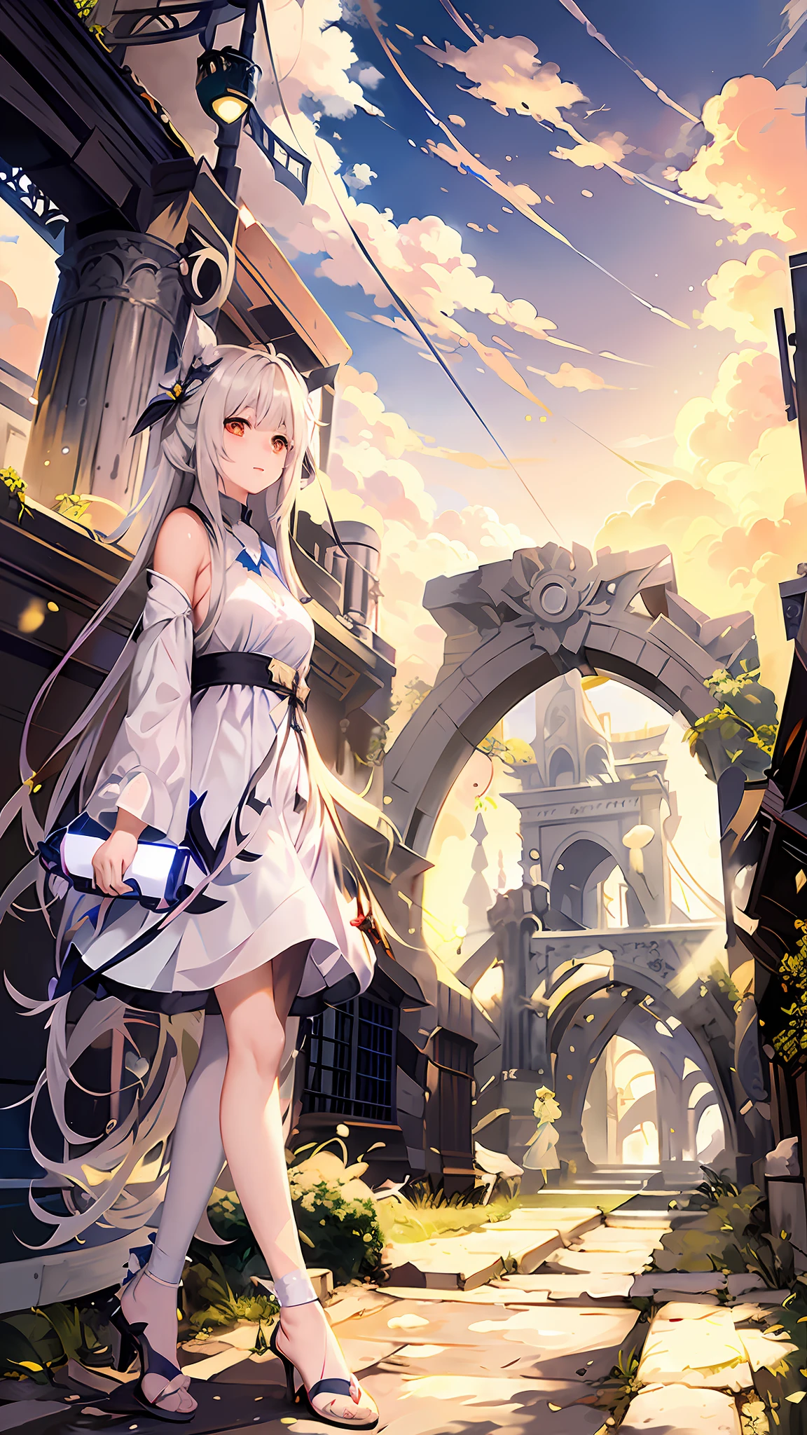 anime - style image of a woman in a white dress walking in front of a gate, azur lane style, from the azur lane videogame, characters from azur lane, best anime 4k konachan wallpaper, splash art anime , kantai collection style, from arknights, in front of a ruined city, high detailed official artwork