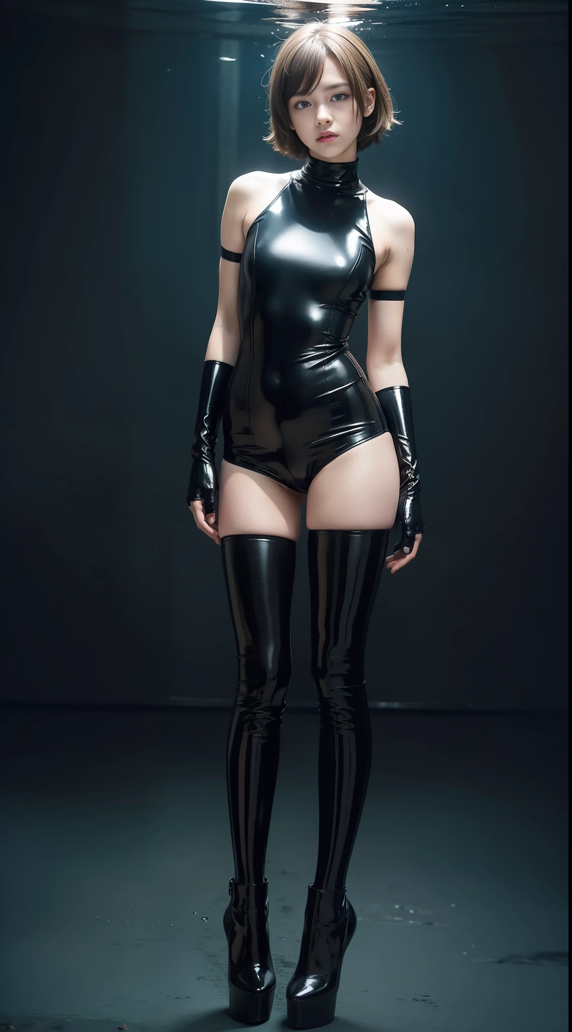 A boy, underwater, latex tights, elbow long gloves, latex knee socks, high heels, full body, front, UHD, masterpiece, super detail, best quality, anatomically correct, depth of field